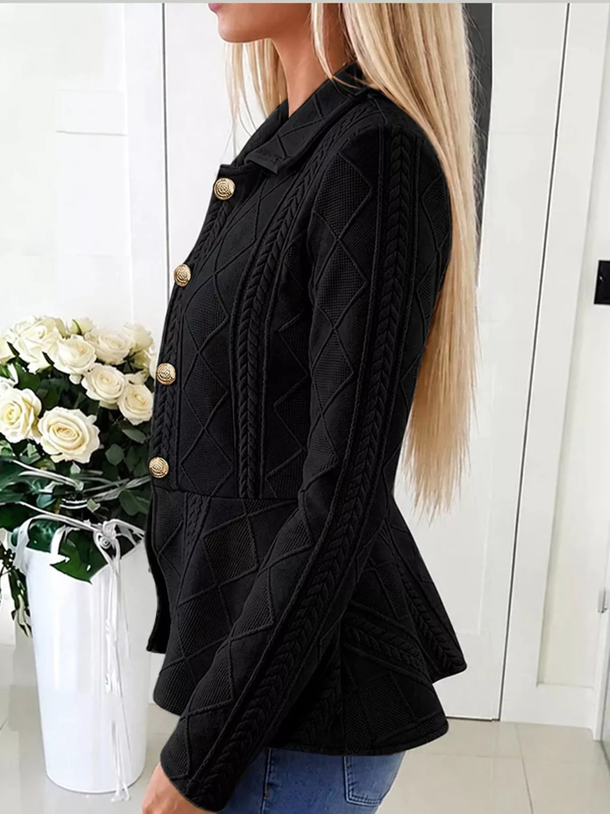 Briar Cable-Knit Peplum Cardigan in Black, on model