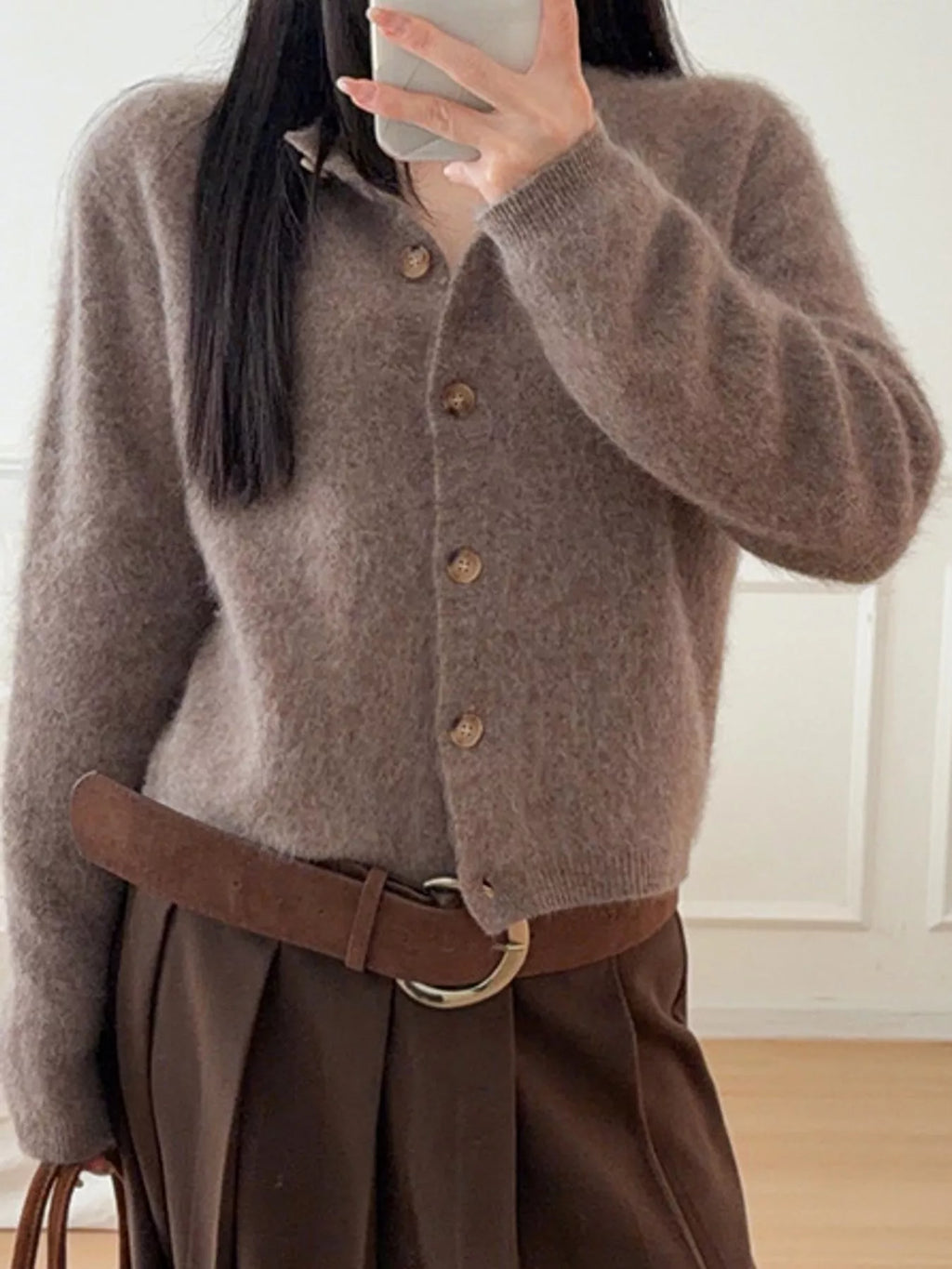 Flora Fuzzy Cropped Button Cardigan in Coffee, on model