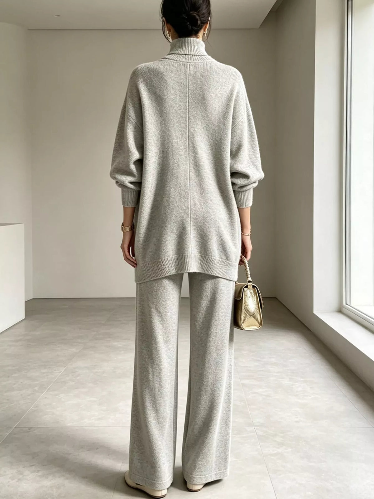 Tove Turtleneck Sweater Tunic + Pants Set in Light Gray, on model
