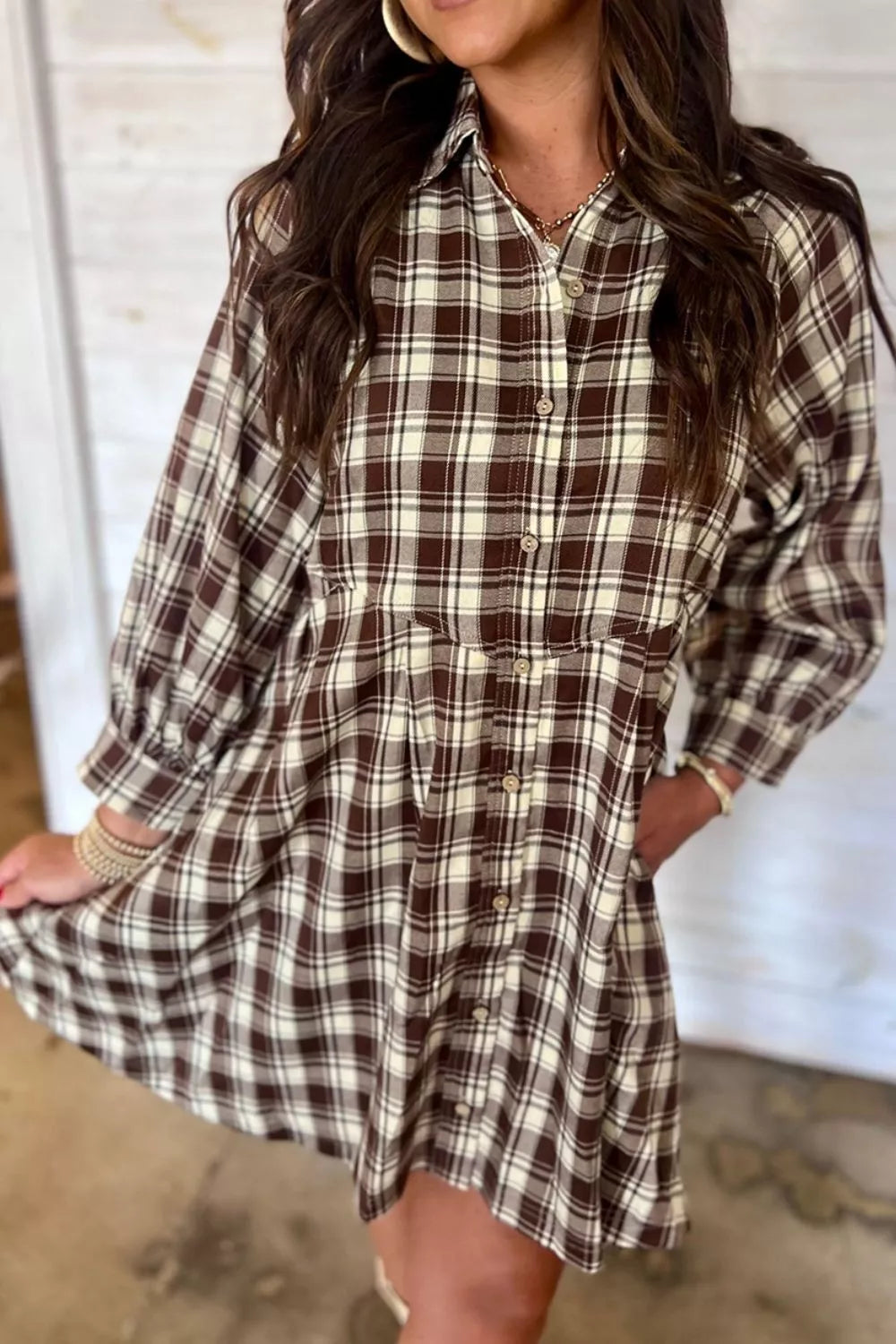 Annika Plaid Shift Mini Dress, on model