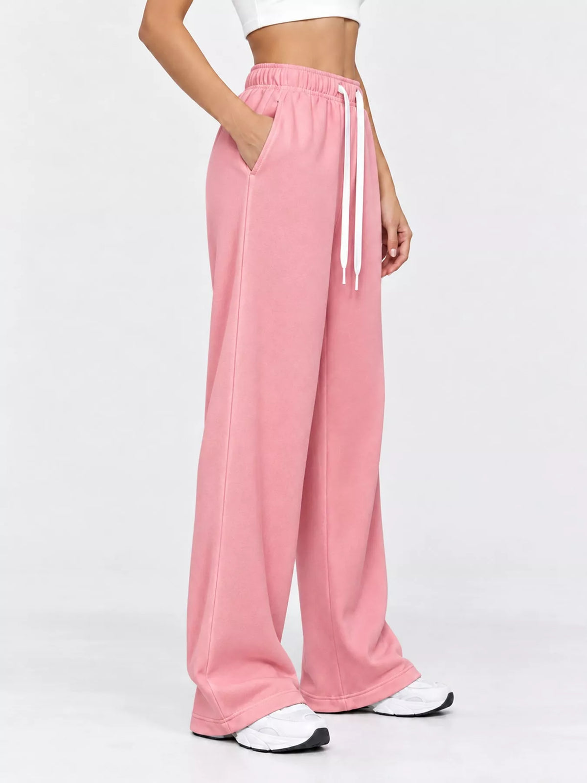 Odessa Drawstring Wide-Leg Sweatpants in Pink, on model