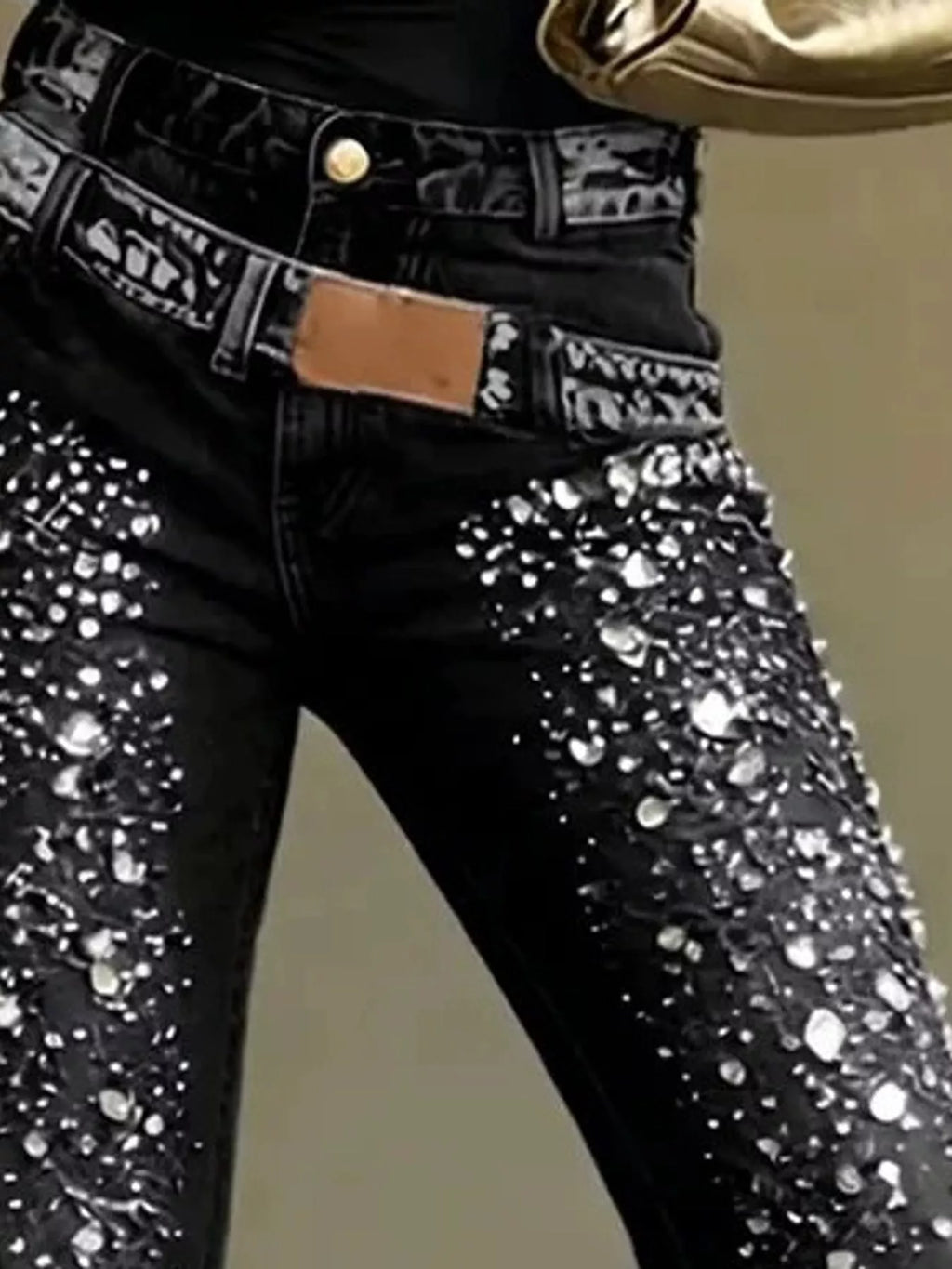 Jolie Rhinestone Slim Jeans in Black, close-up detail