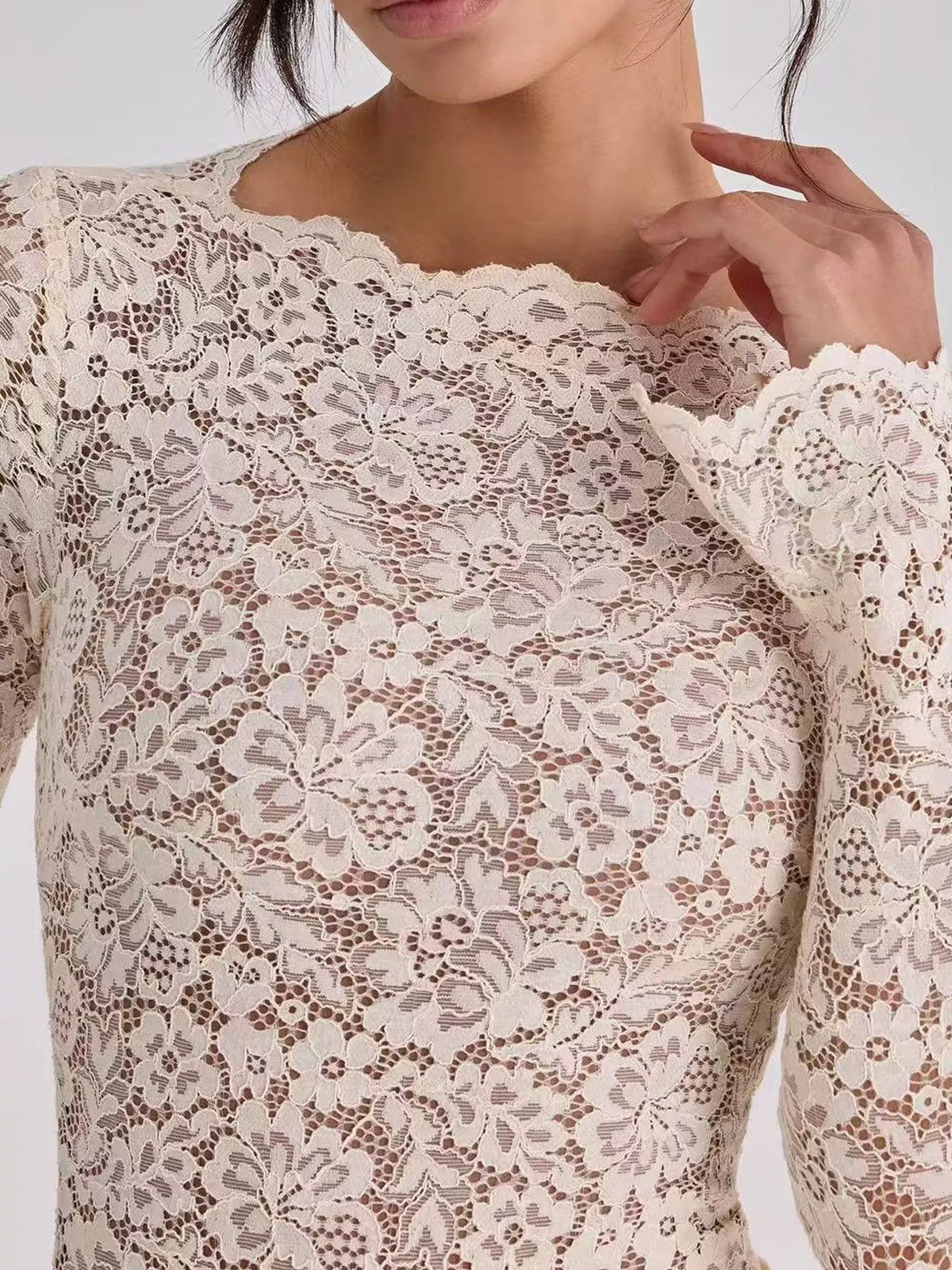Delphine Lace + Satin Long-Sleeve Maxi Dress in Ivory, on model