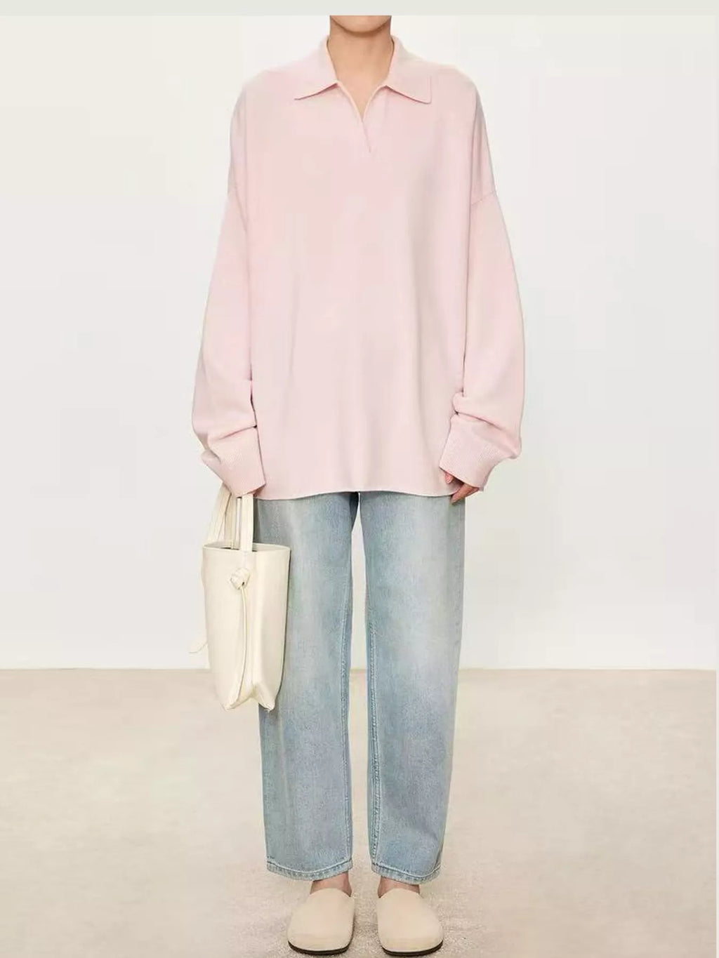 Priya Polo-Collar Drop-Shoulder Sweater in Pink, on model
