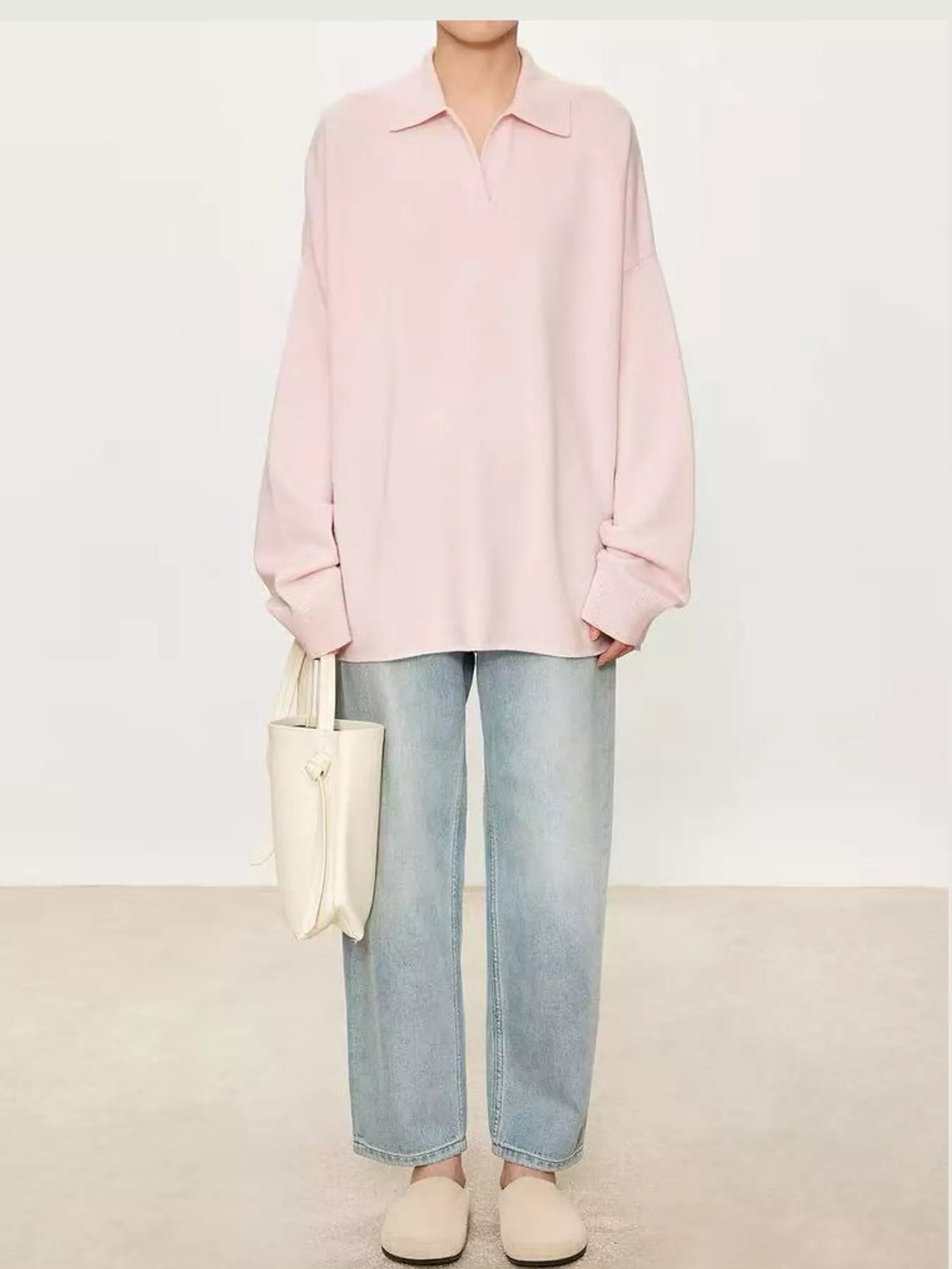Priya Polo-Collar Drop-Shoulder Sweater in Pink, on model