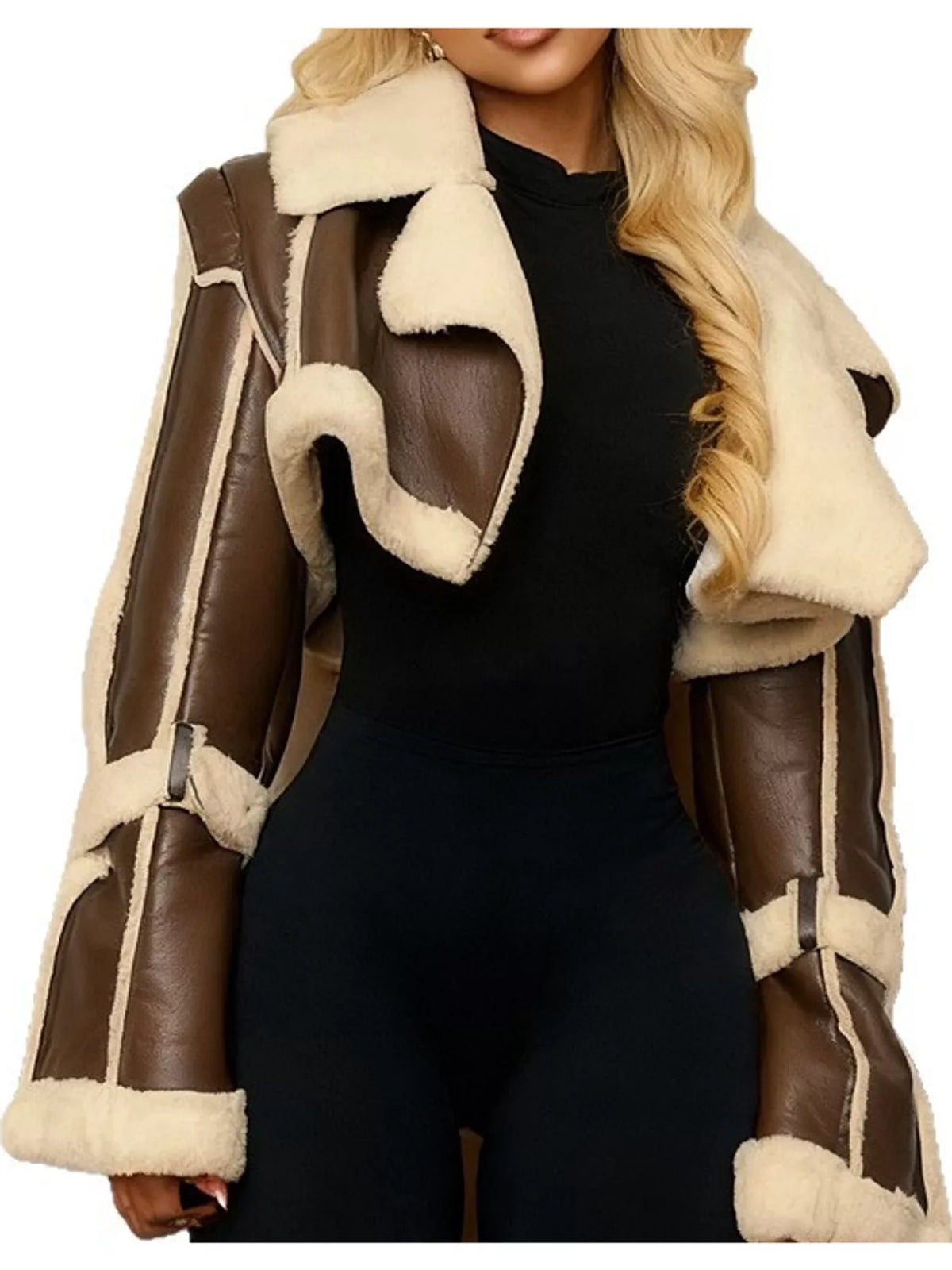 Demi Faux Leather Shearling-Trim Cropped Jacket in Brown, on model