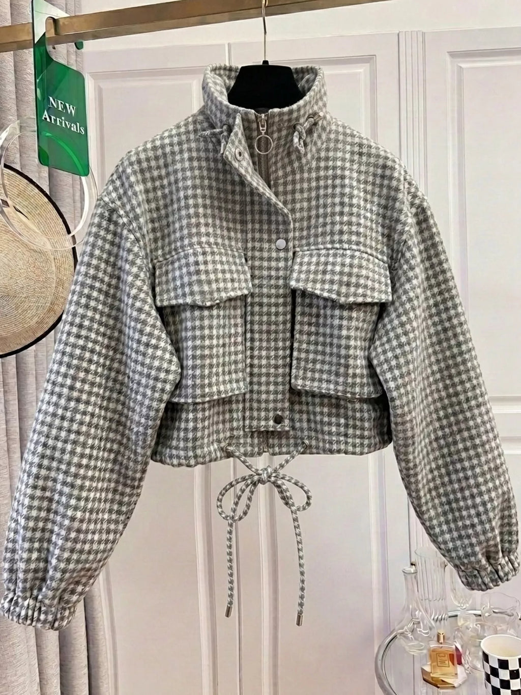 Sadie Houndstooth Cropped Utility Jacket in Gray, on model