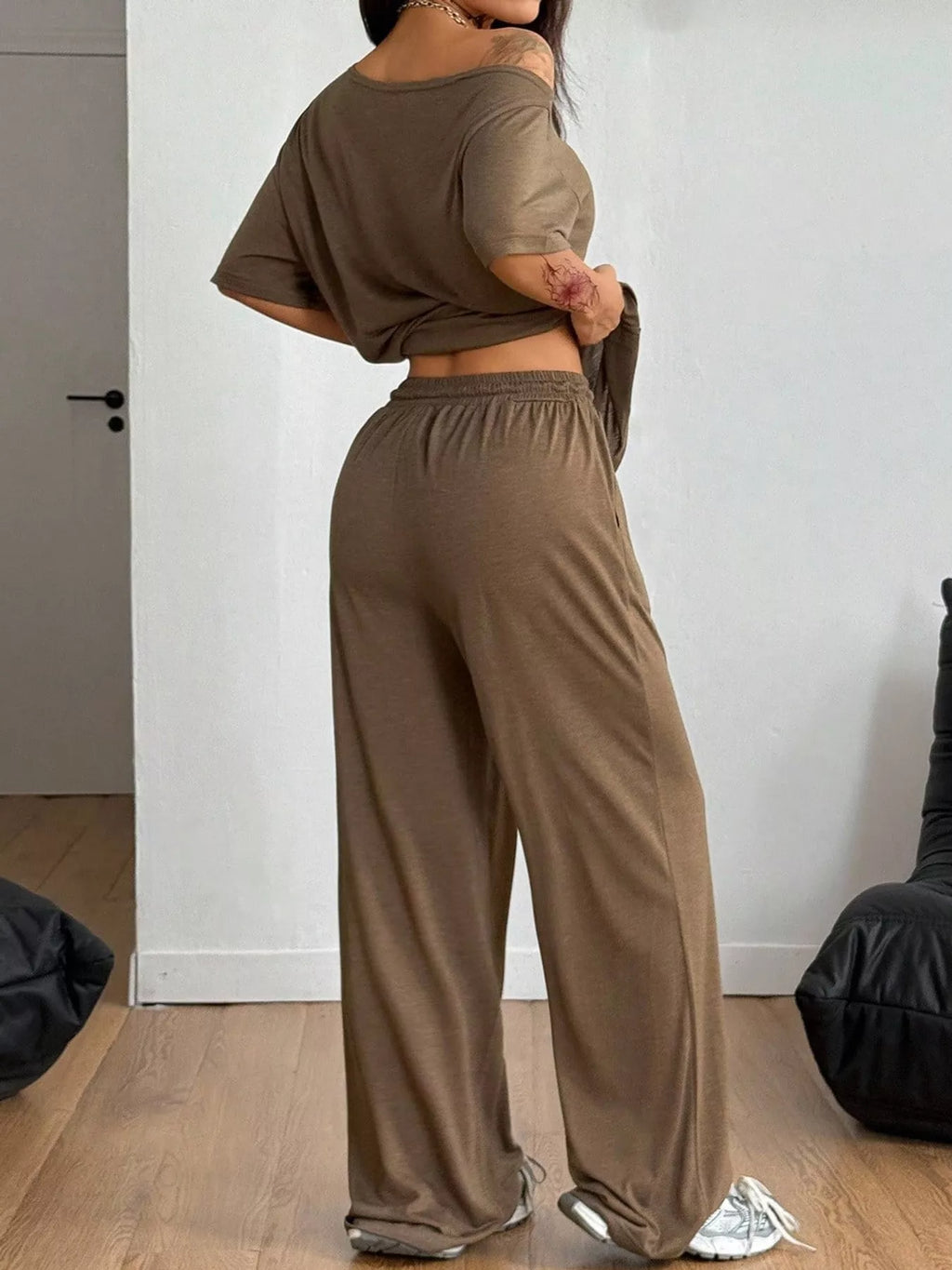 Linnea Off-Shoulder Top + Wide-Leg Pants Set, on model