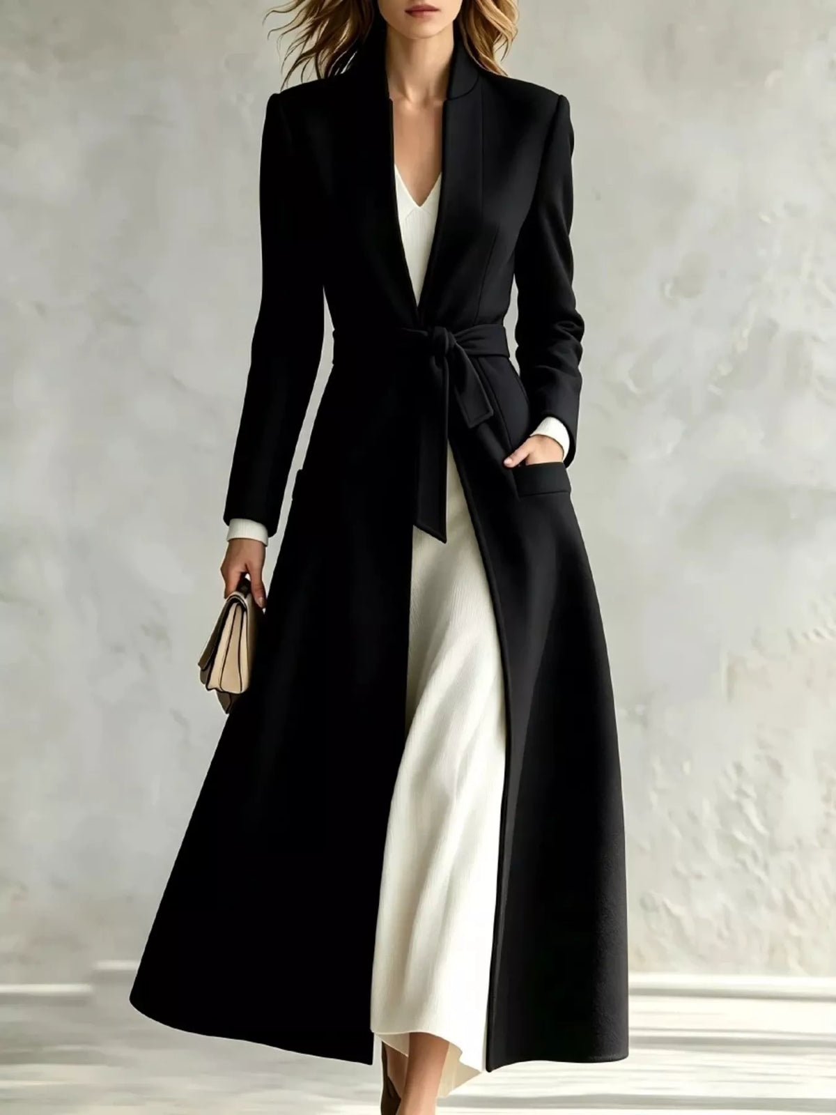 Fiora Tie-Waist Long Coat in Black, on model