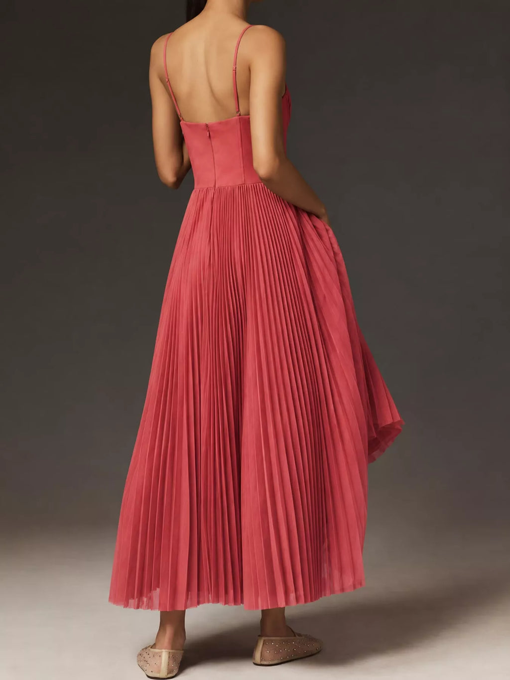 Saoirse Pleated Sweetheart Midi Dress in Watermelon Red, on model