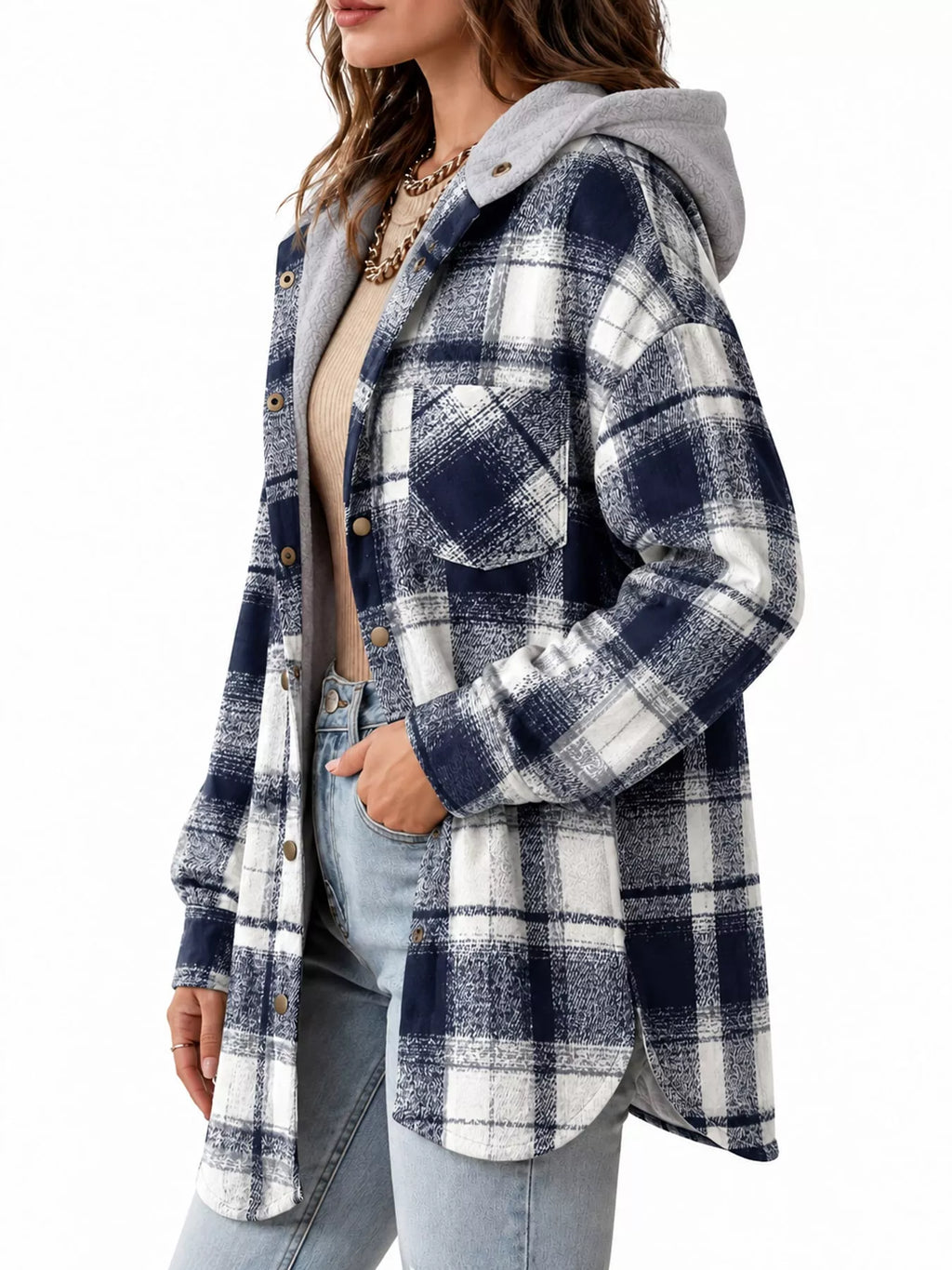 Nina Plaid Hooded Shacket in Navy Blue, on model
