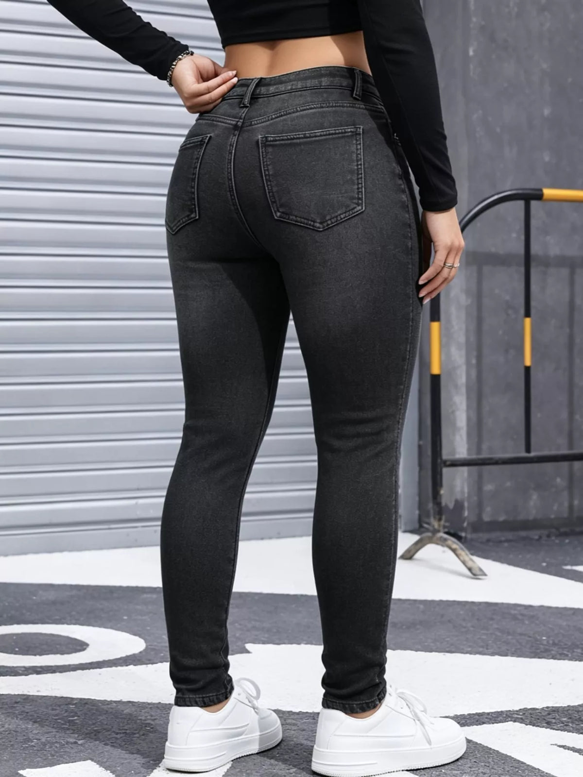 Willa Fleece-Lined Skinny Jeans in Black Gray, on model