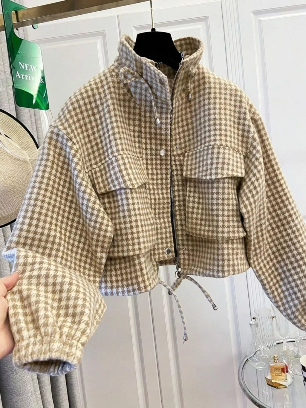 Sadie Houndstooth Cropped Utility Jacket in Apricot, on model