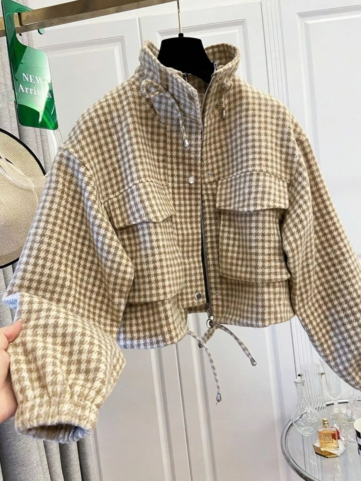 Sadie Houndstooth Cropped Utility Jacket in Apricot, on model