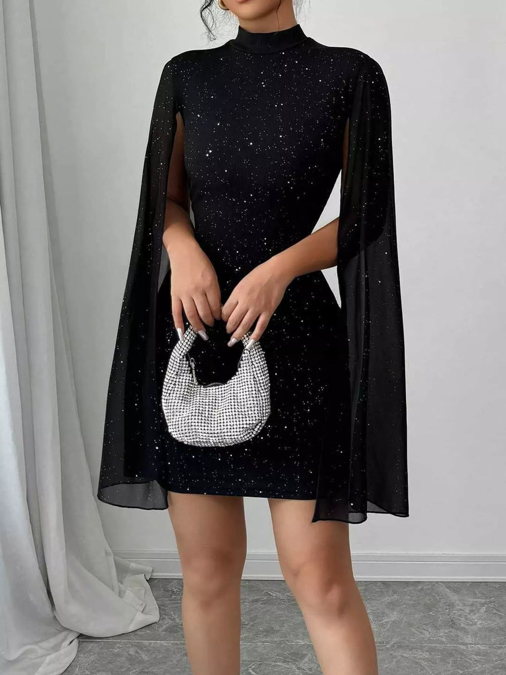 Coralie Glitter Cape-Sleeve Mock-Neck Mini Dress in Black, on model