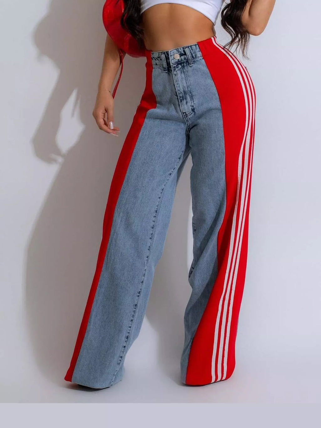 Zoe Side-Stripe Wide-Leg Jeans in Red, on model
