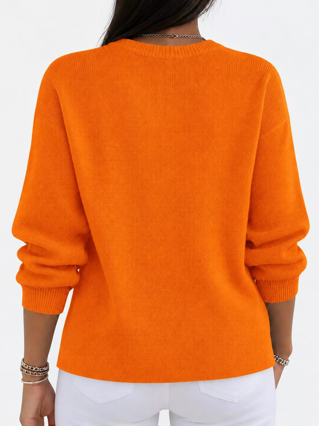 Corinne Classic Crew-Neck Sweater in Orange, on model