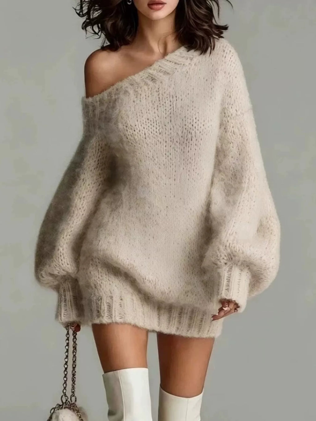 Mila One-Shoulder Sweater Mini Dress, on model