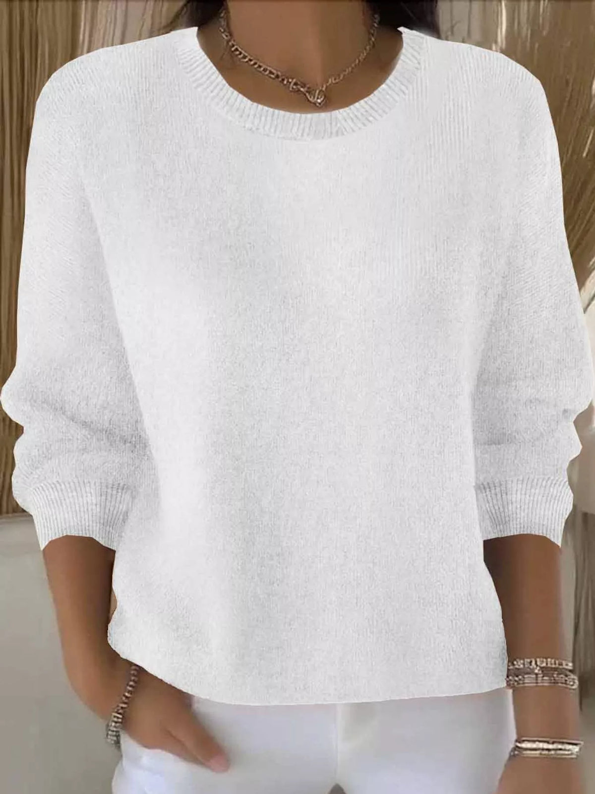 Corinne Classic Crew-Neck Sweater in White, on model