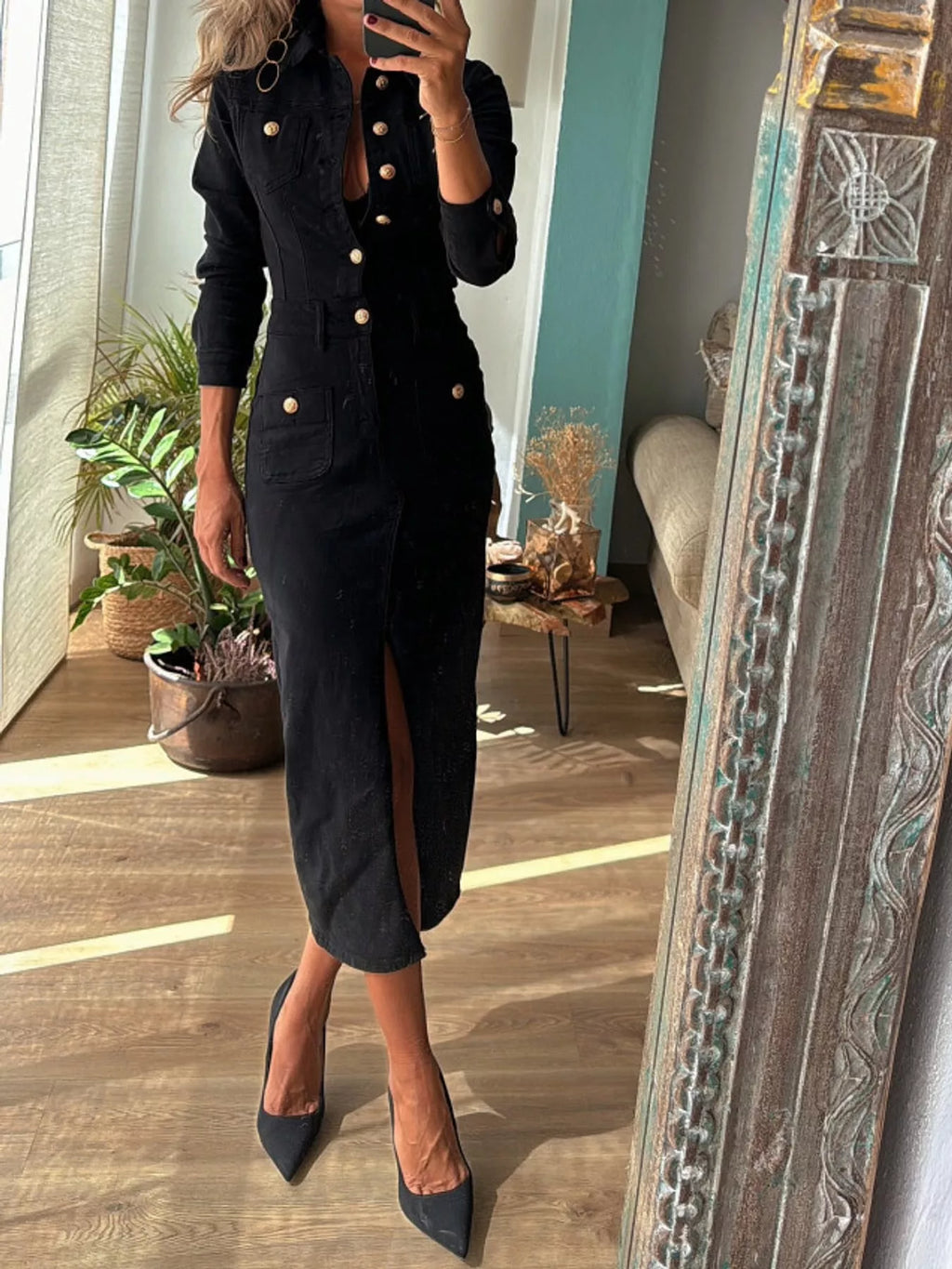 Joelle Button-Front Denim Midi Dress in Black, on model