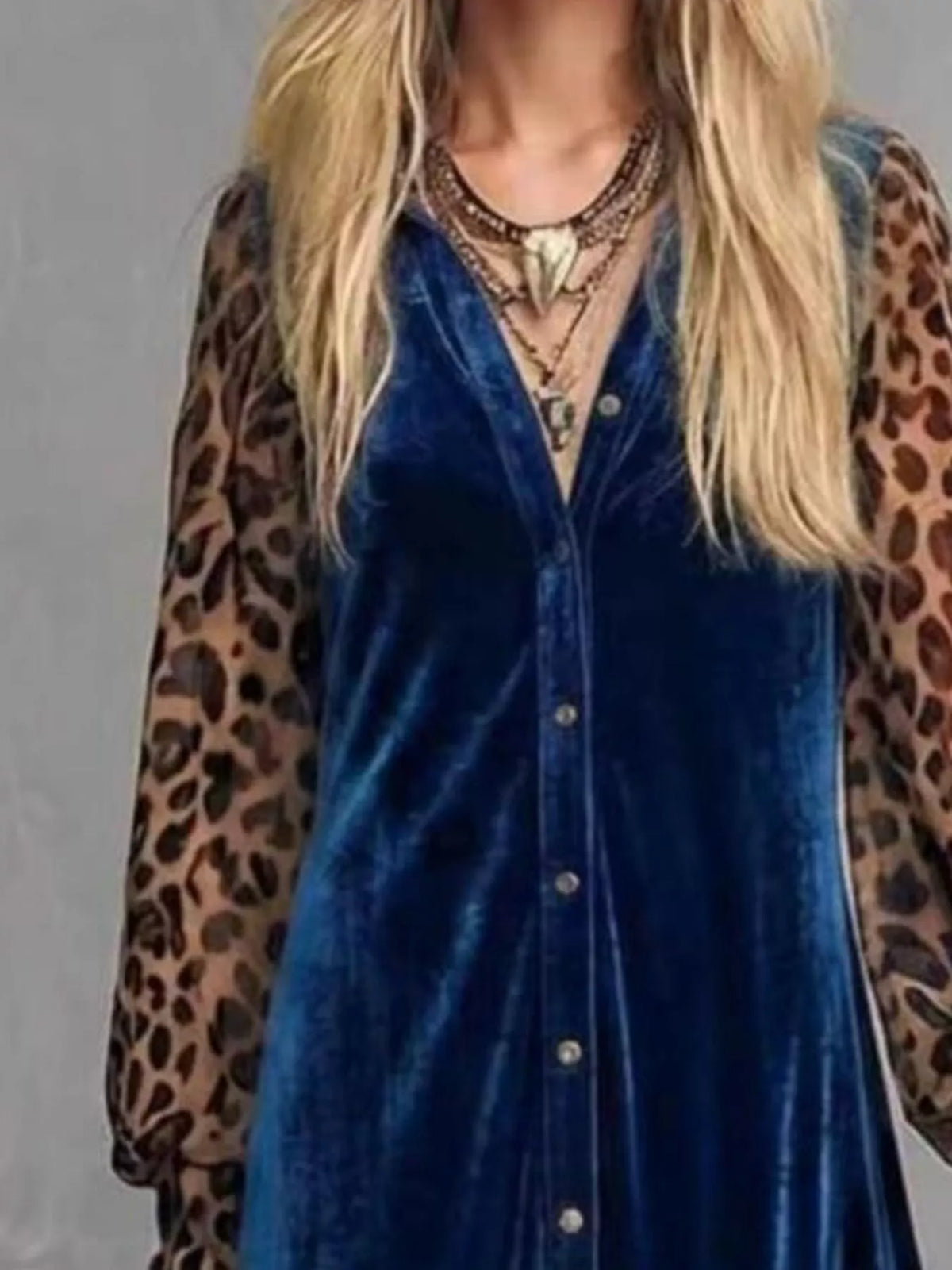 Coraline Leopard-Sleeve Velvet Maxi Dress in Blue, on model
