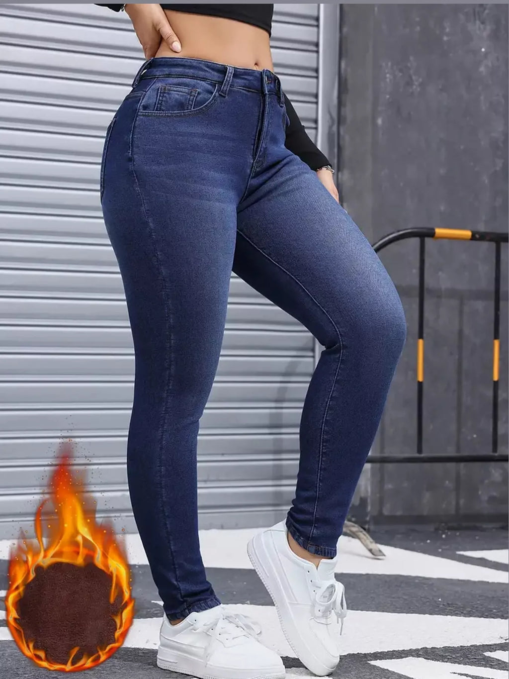 Willa Fleece-Lined Skinny Jeans in Blue, on model