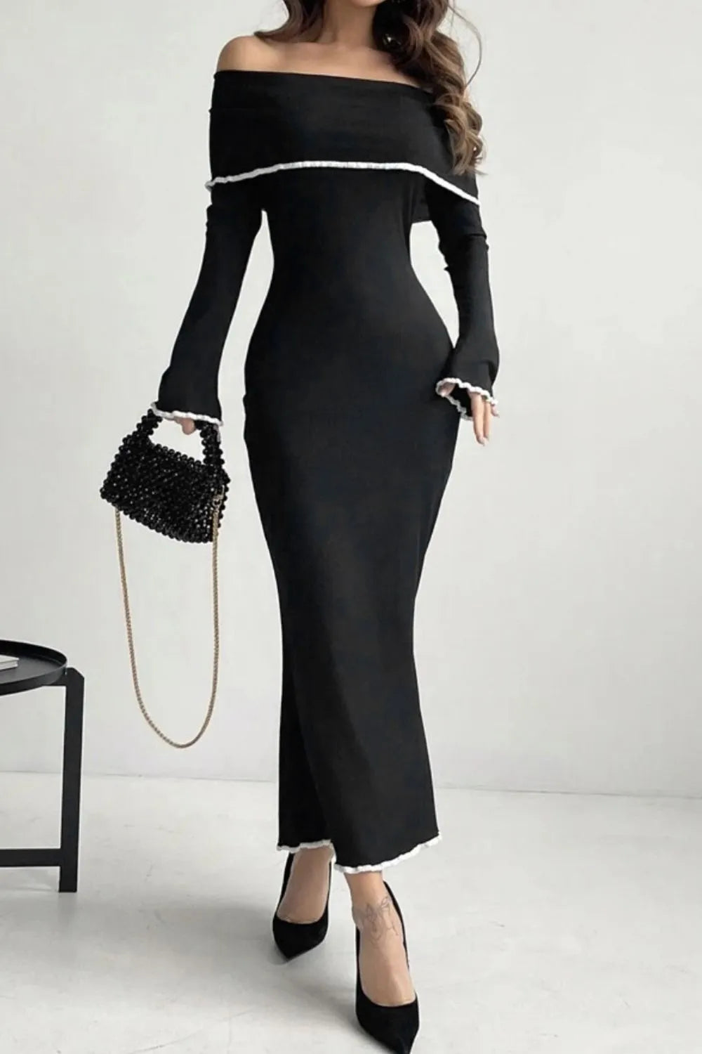 Noemi Black Off-Shoulder Maxi Sweater Dress, on model