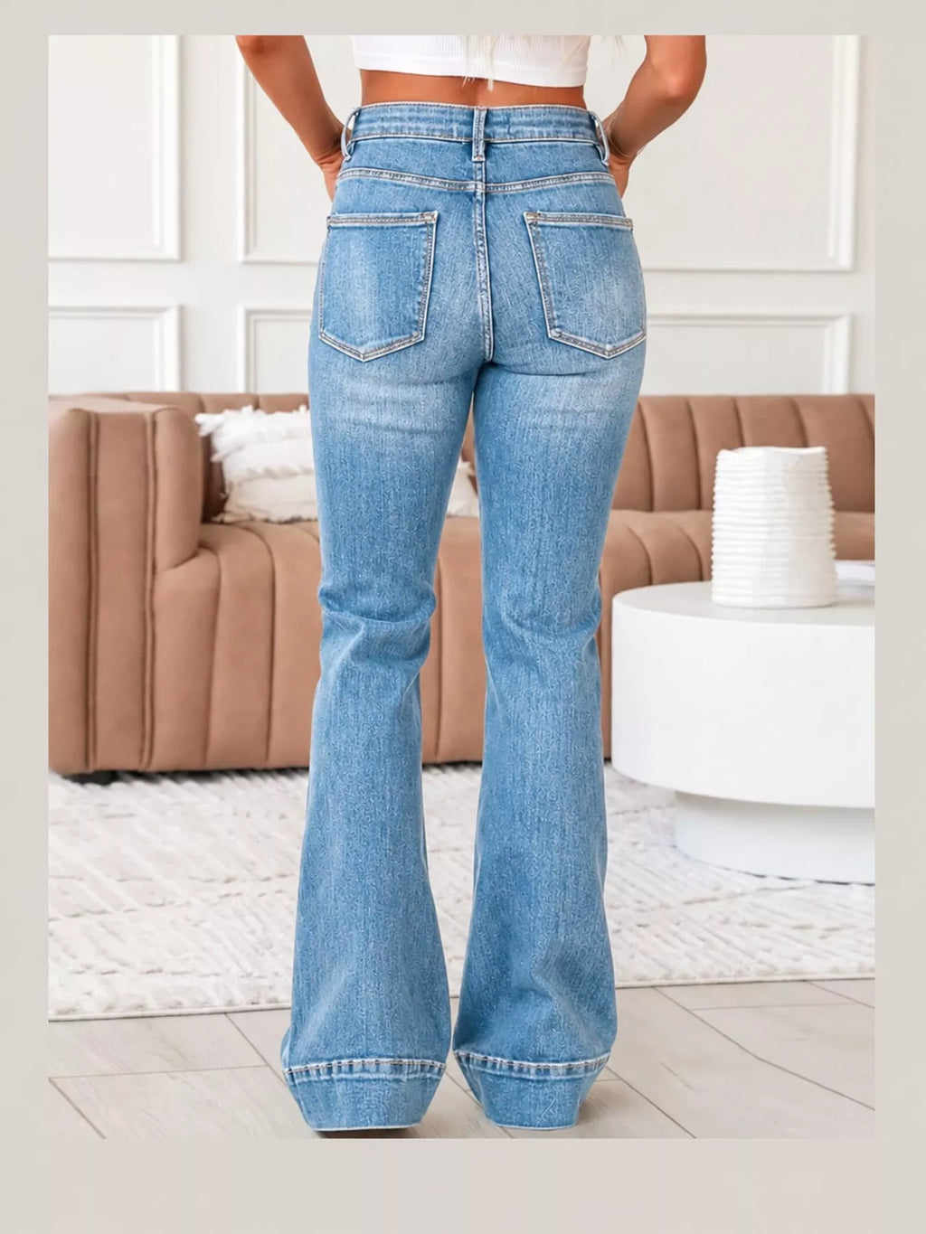 Cleo High-Rise Flare Jeans in Light Blue, on model