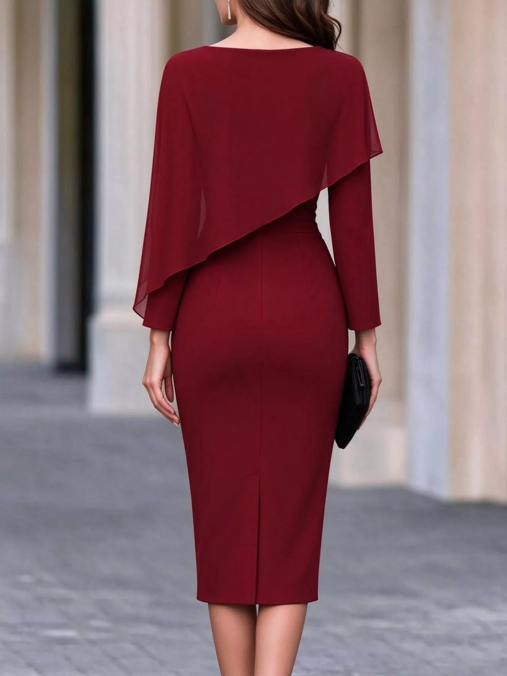 Rosalind Cape-Sleeve Midi Dress in Burgundy, on model