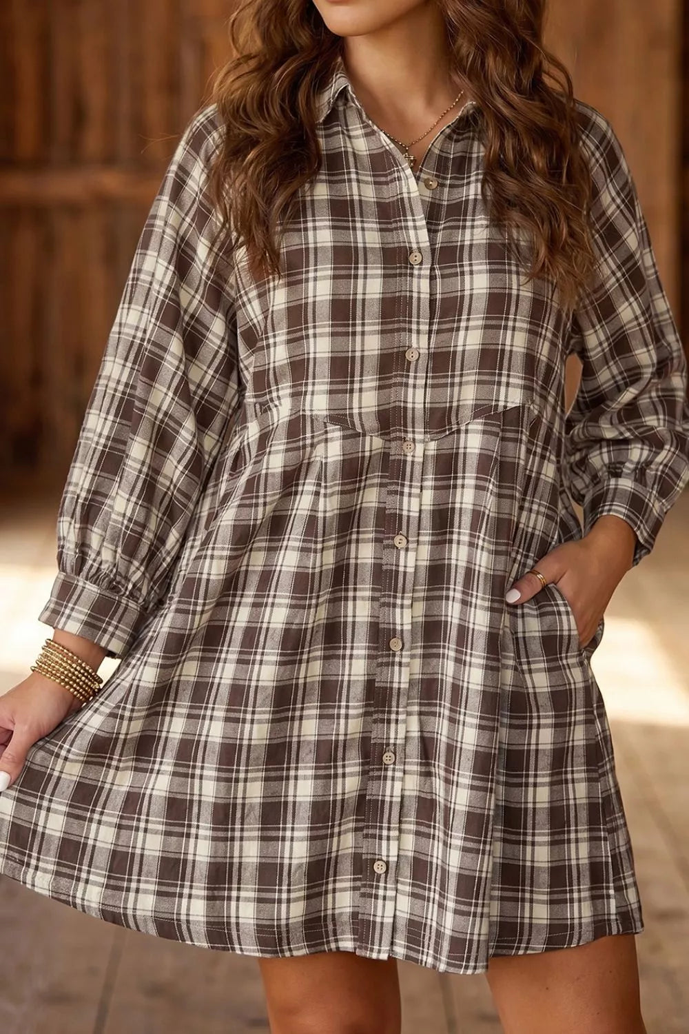 Annika Plaid Shift Mini Dress, on model