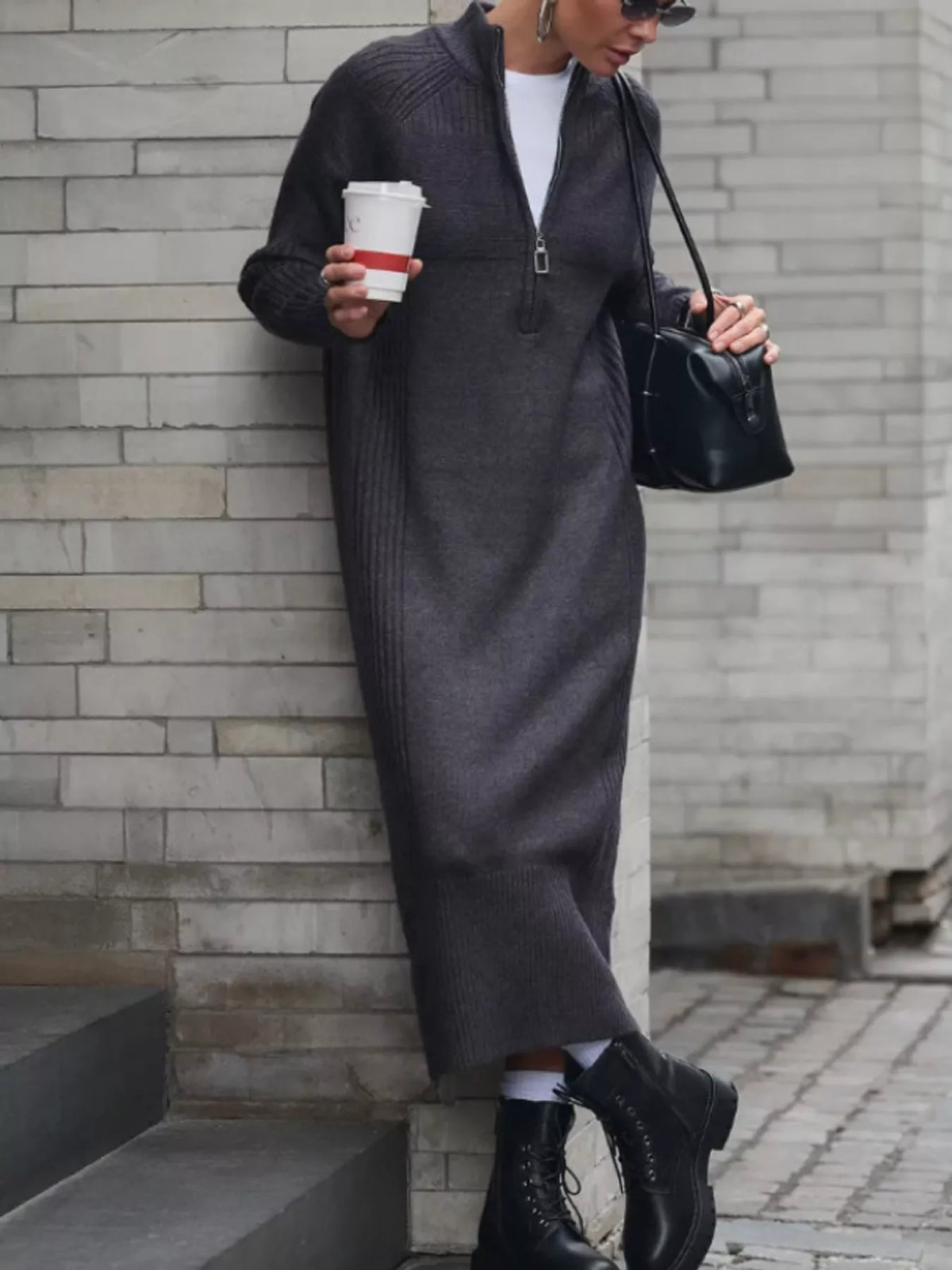 Annelise Half-Zip Ribbed Sweater Maxi Dress in Dark Gray, on model