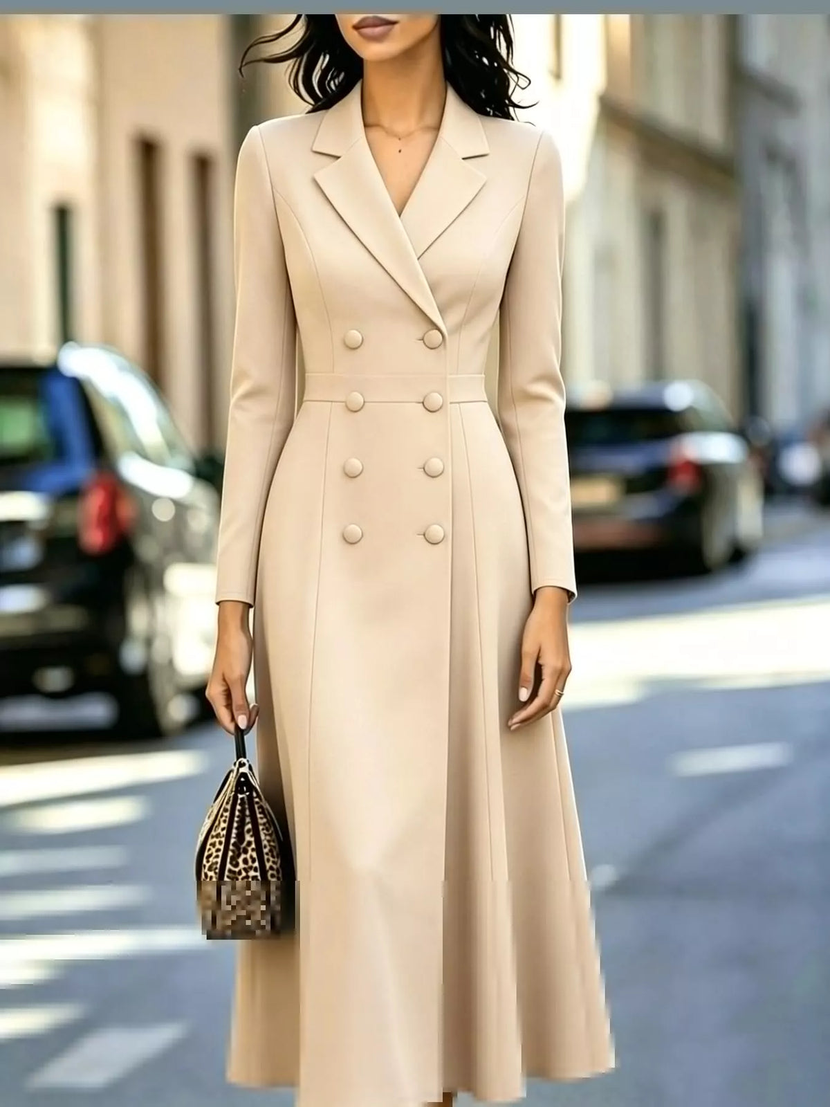 Solenne Double-Breasted Coat Midi Dress in Khaki, on model