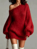 Mila One-Shoulder Sweater Mini Dress in Deep Red, on model