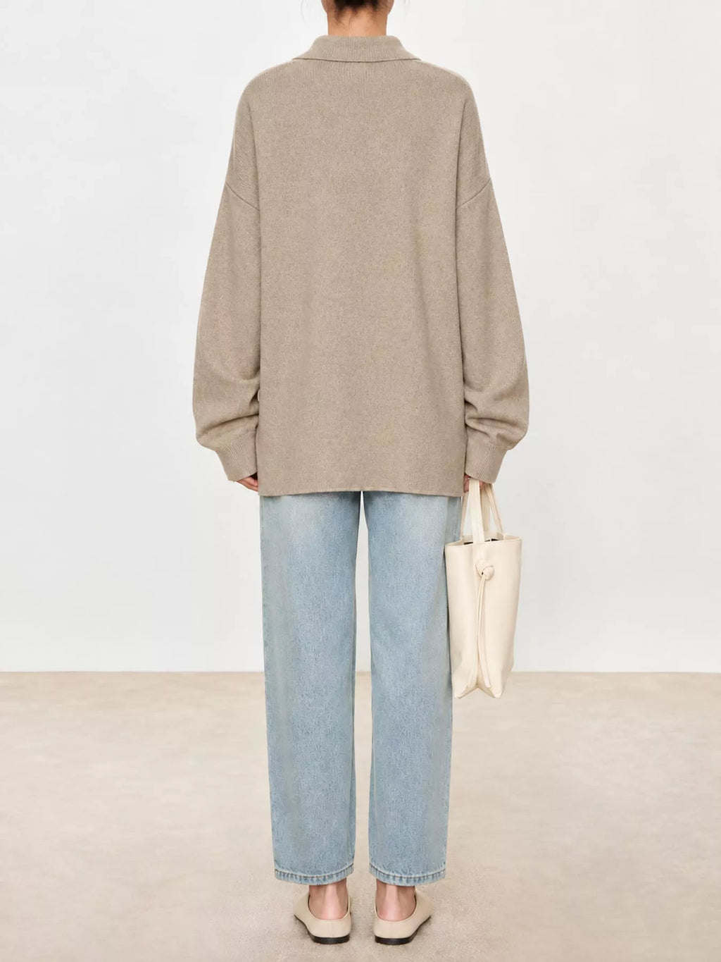 Priya Polo-Collar Drop-Shoulder Sweater in Oatmeal, on model