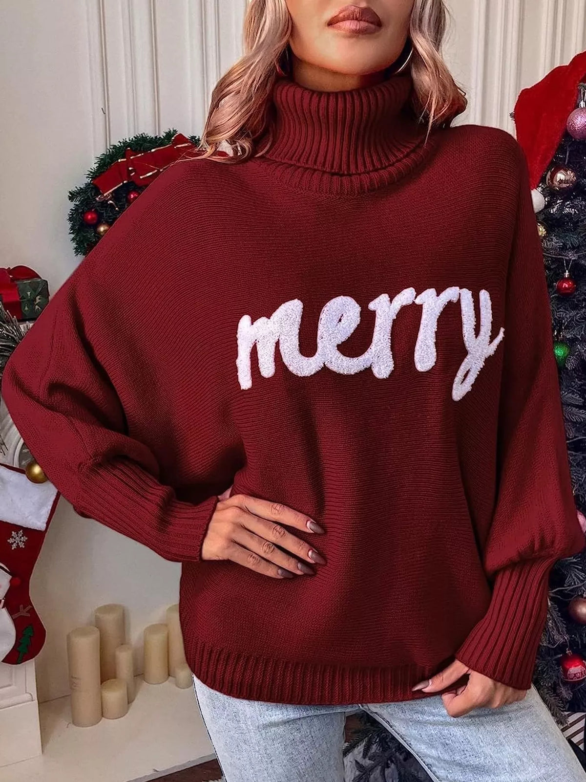 Mabel Merry Turtleneck Sweater in Burgundy, on model
