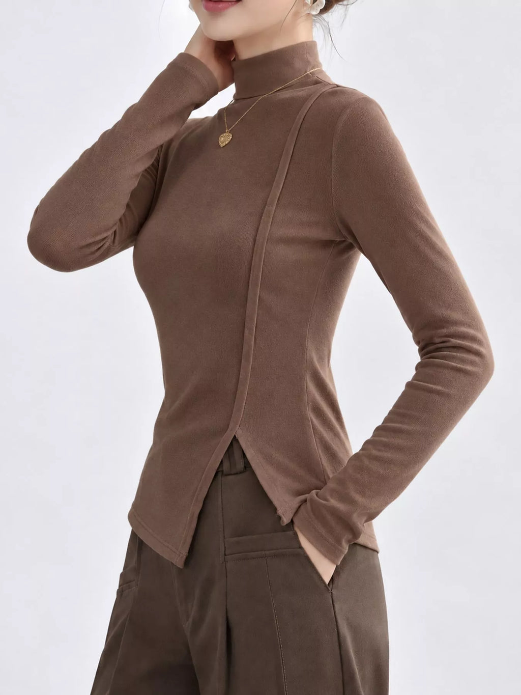 Una Asymmetric Mock-Neck Long-Sleeve Top in Khaki, on model
