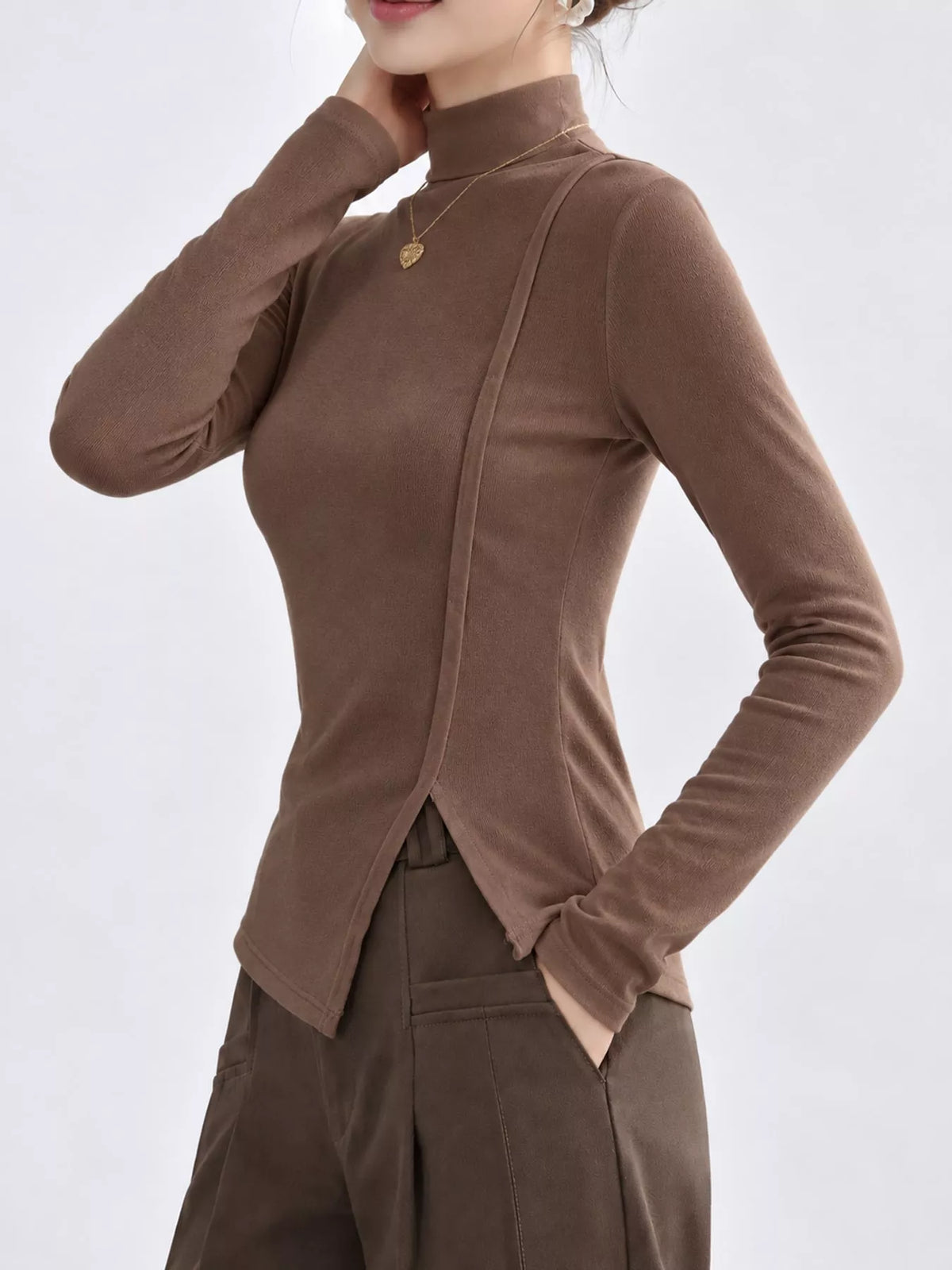 Una Asymmetric Mock-Neck Long-Sleeve Top in Khaki, on model