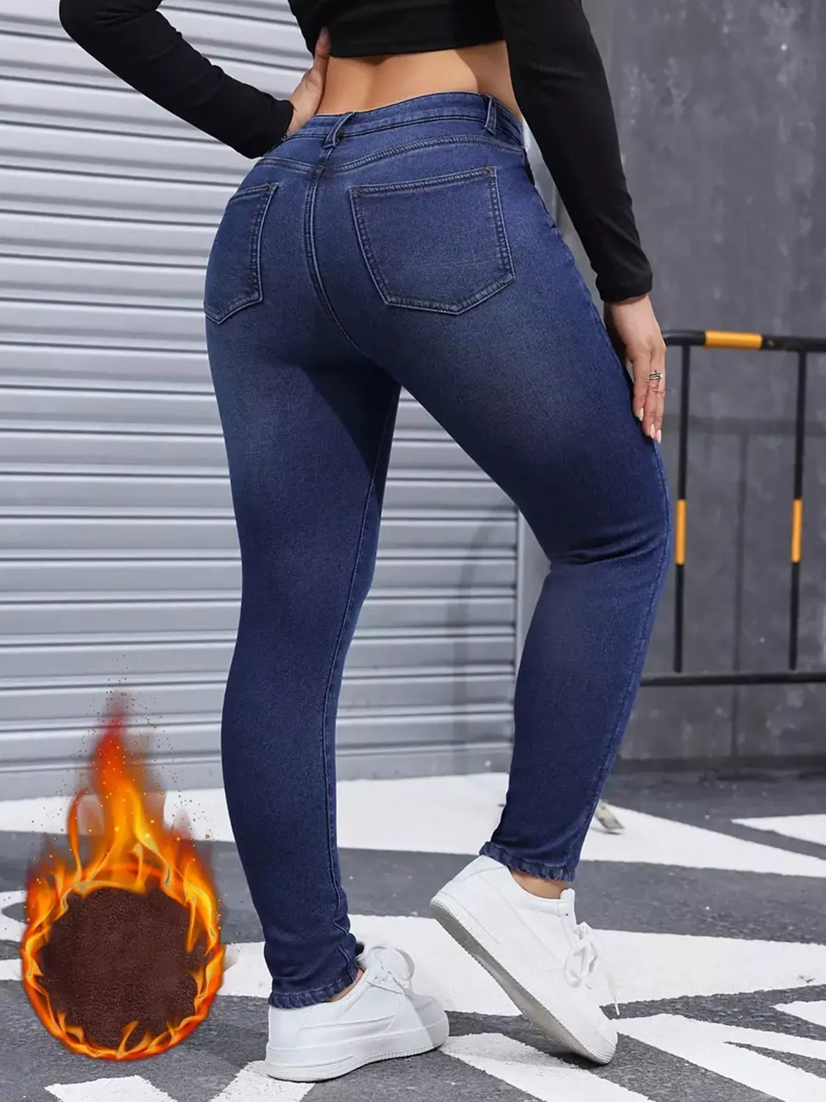 Willa Fleece-Lined Skinny Jeans in Blue, on model