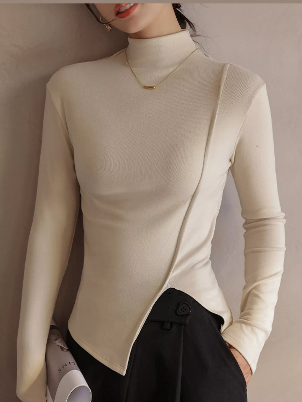 Una Asymmetric Mock-Neck Long-Sleeve Top in Beige Apricot, on model