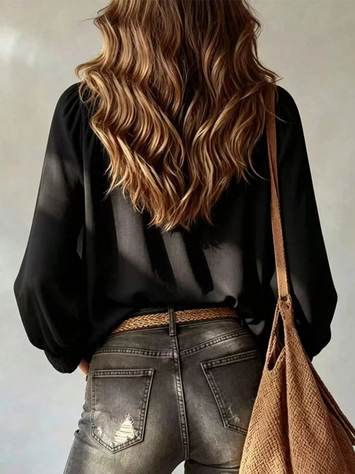 Hollis Ruffled Tie-Front Blouse in Black, on model