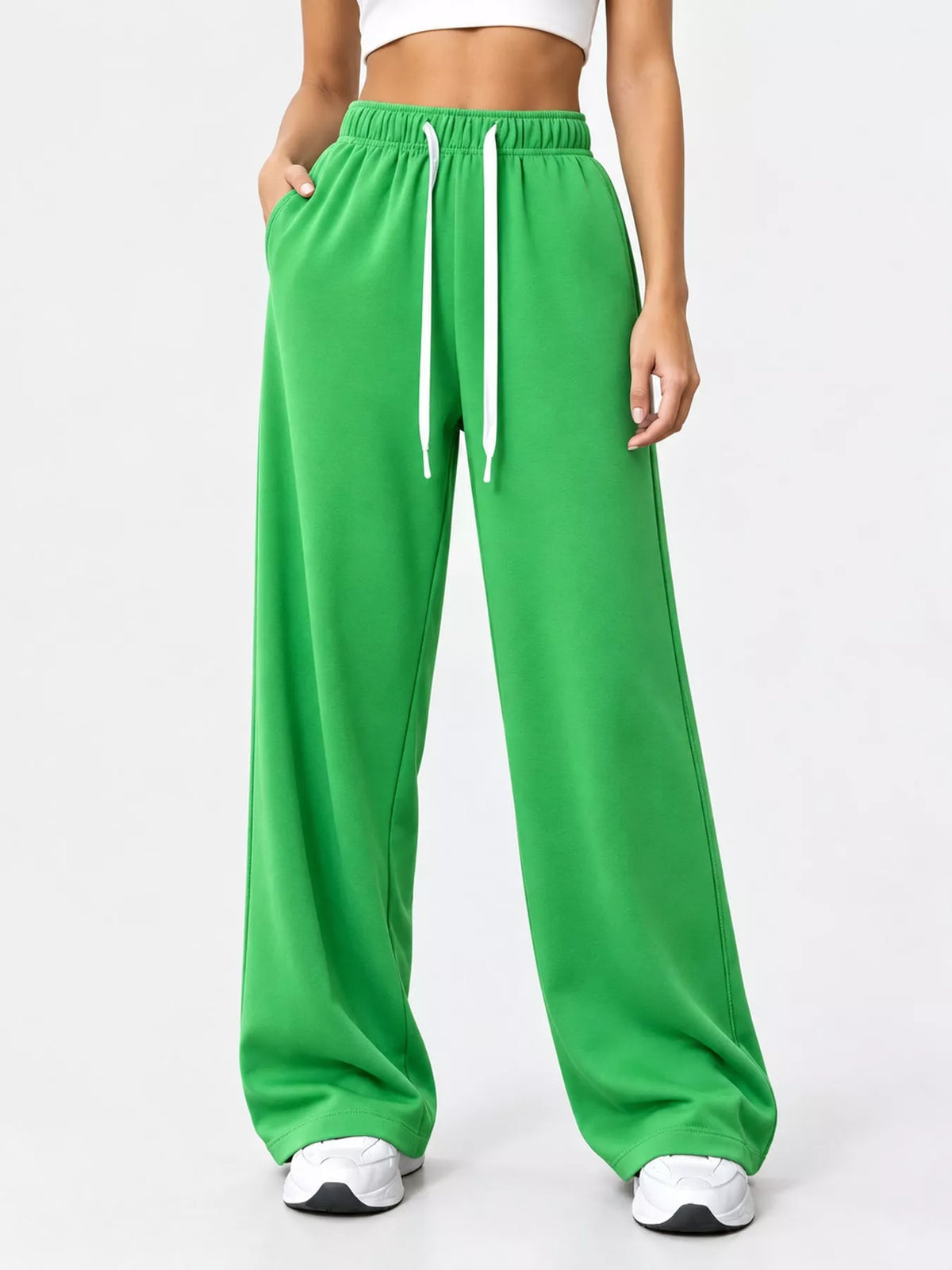 Odessa Drawstring Wide-Leg Sweatpants in Grass Green, on model