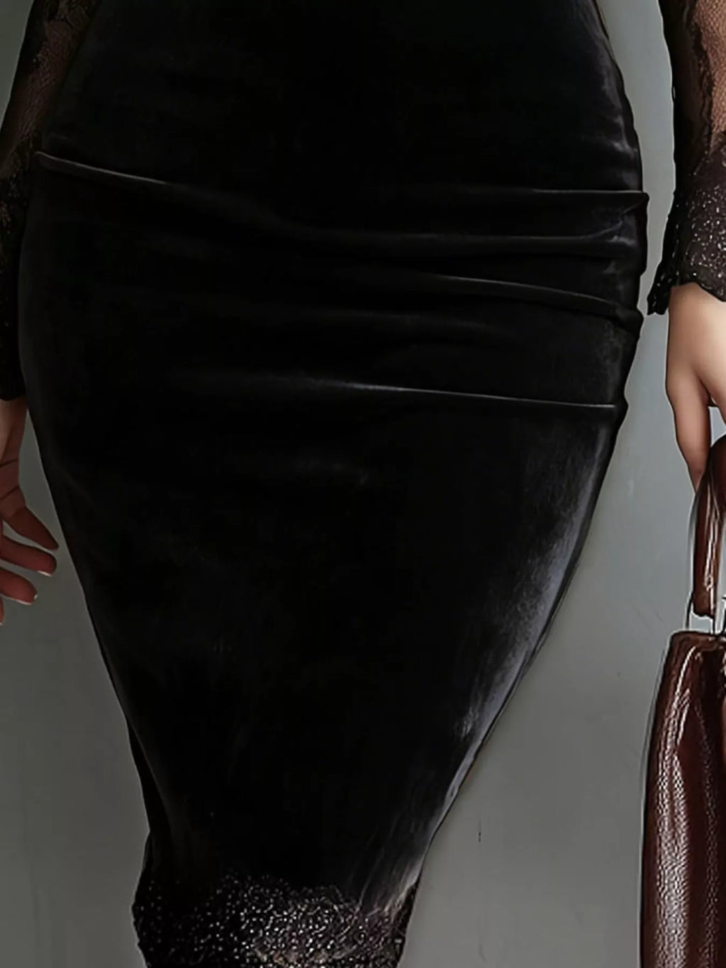Seraphina Velvet Lace Bodycon Midi Dress in Black, on model