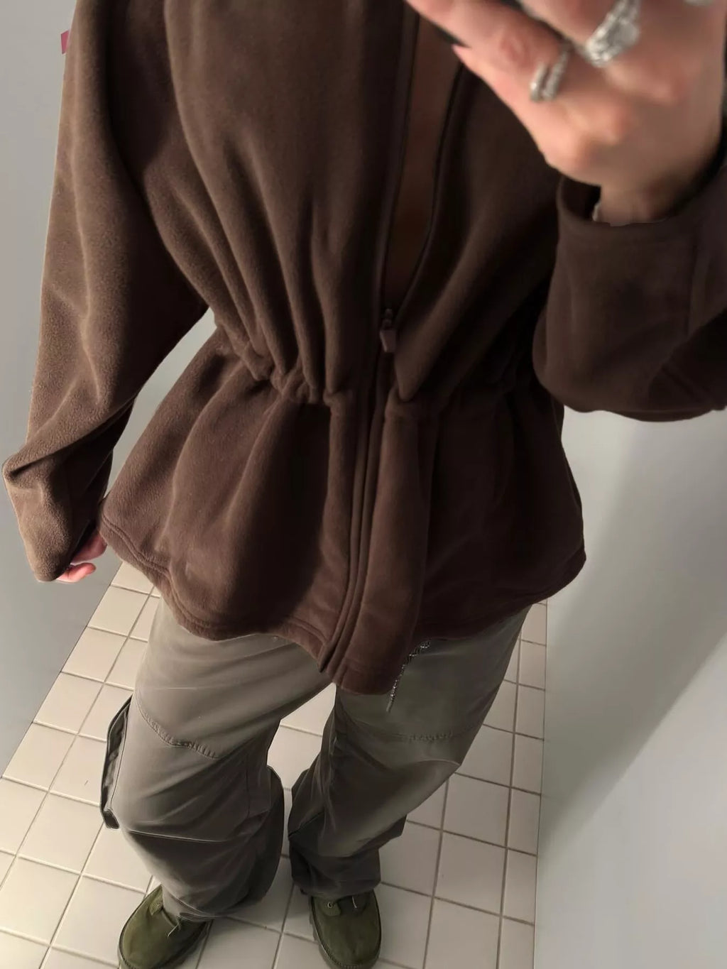 Kaia Cinched-Waist Fleece Zip-Up Jacket in Brown, on model