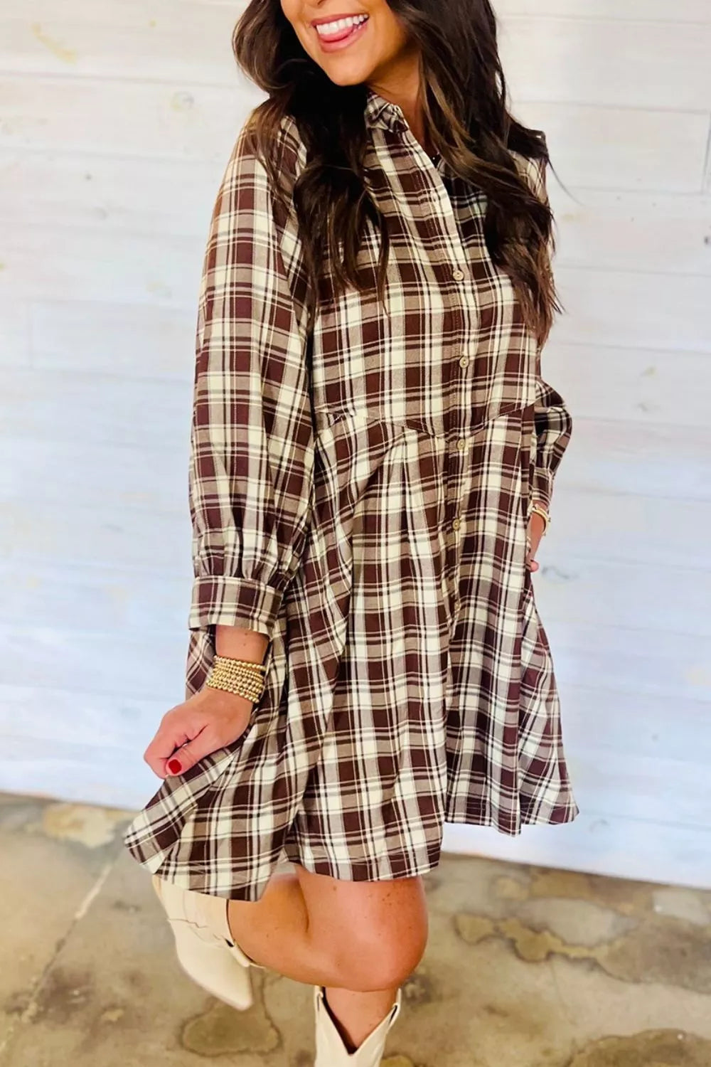 Annika Plaid Shift Mini Dress, on model