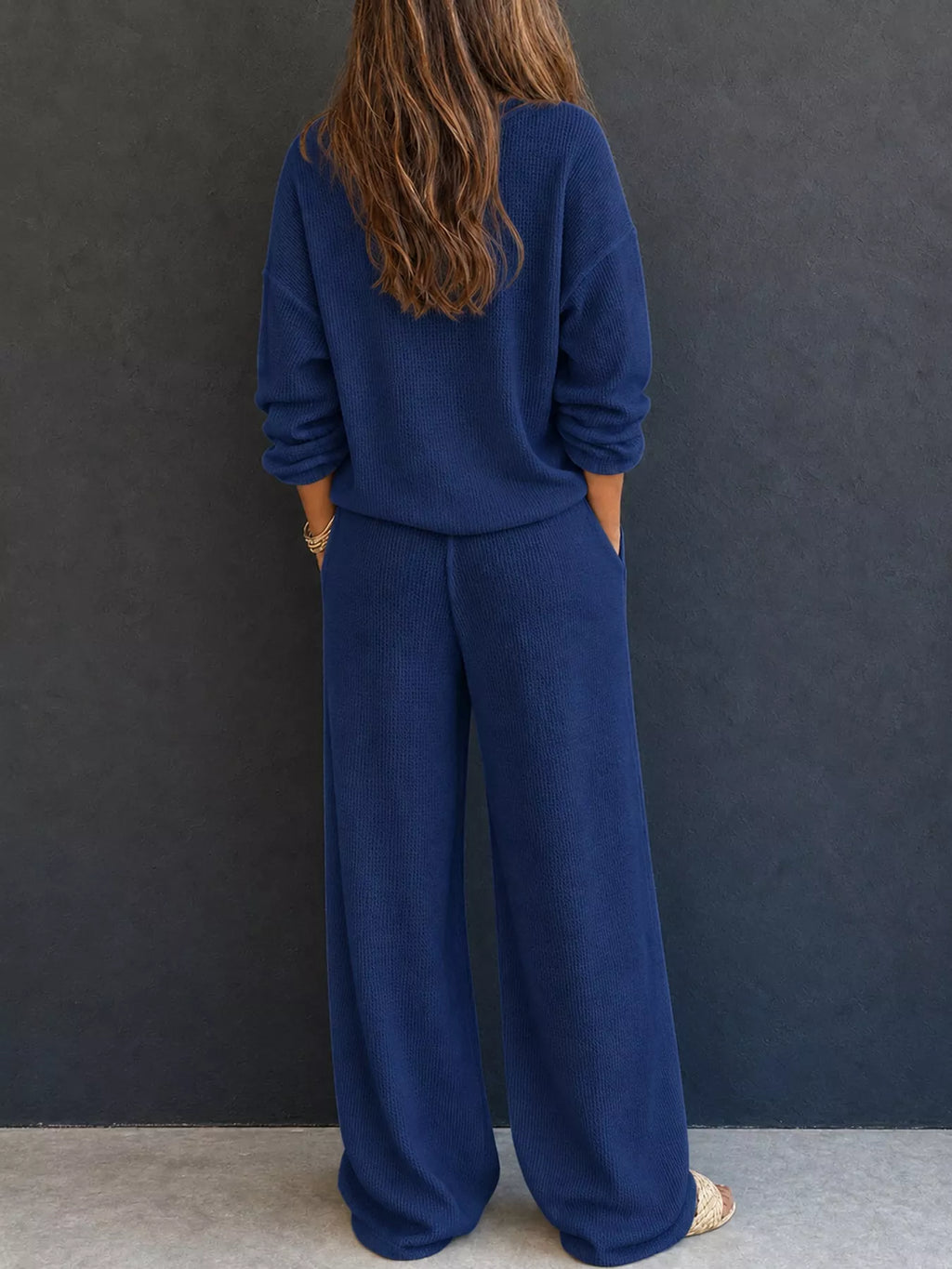 Thea Waffle-Knit Henley + Wide-Leg Pants Set in Navy Blue, on model