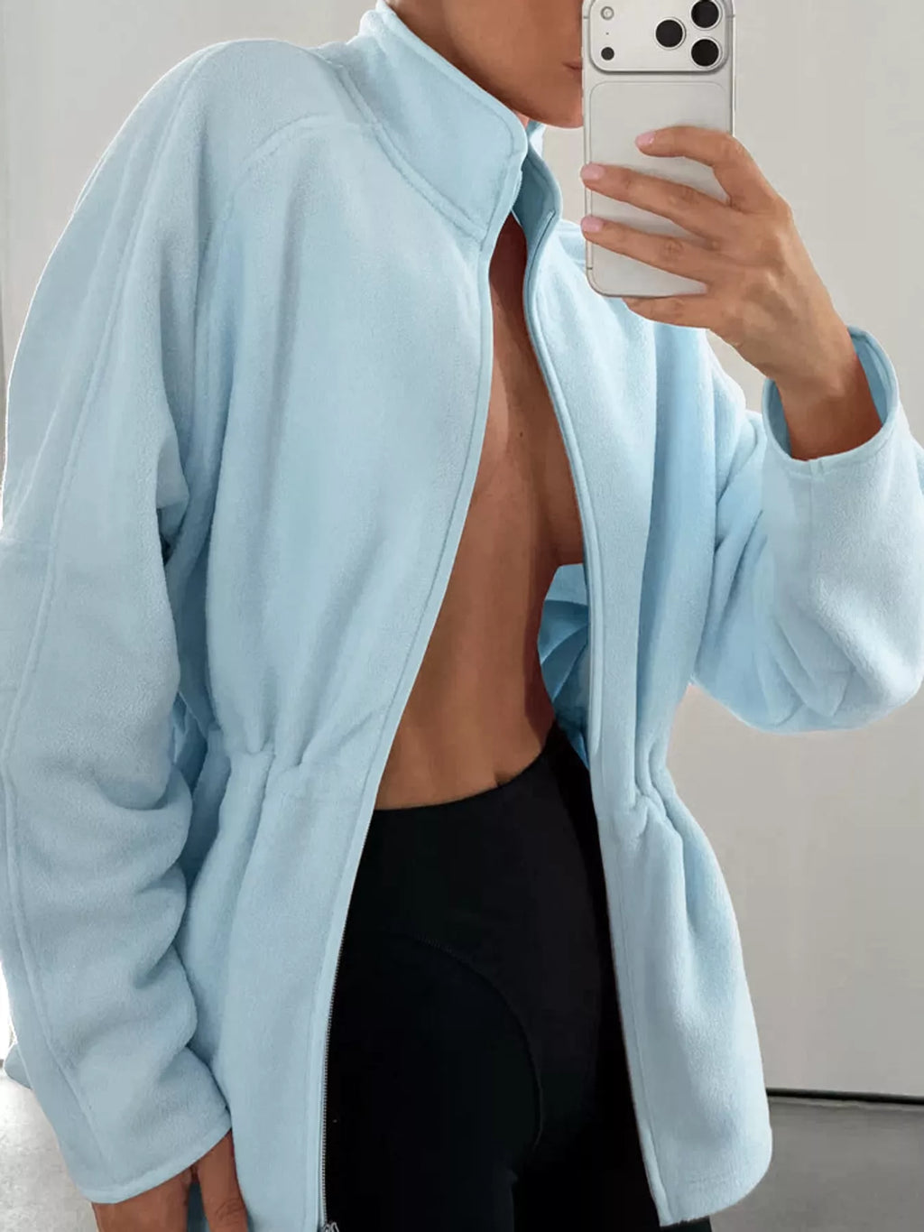 Kaia Cinched-Waist Fleece Zip-Up Jacket in Blue, on model