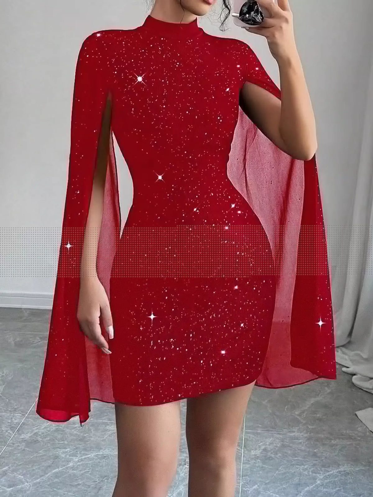 Coralie Glitter Cape-Sleeve Mock-Neck Mini Dress in Red, on model