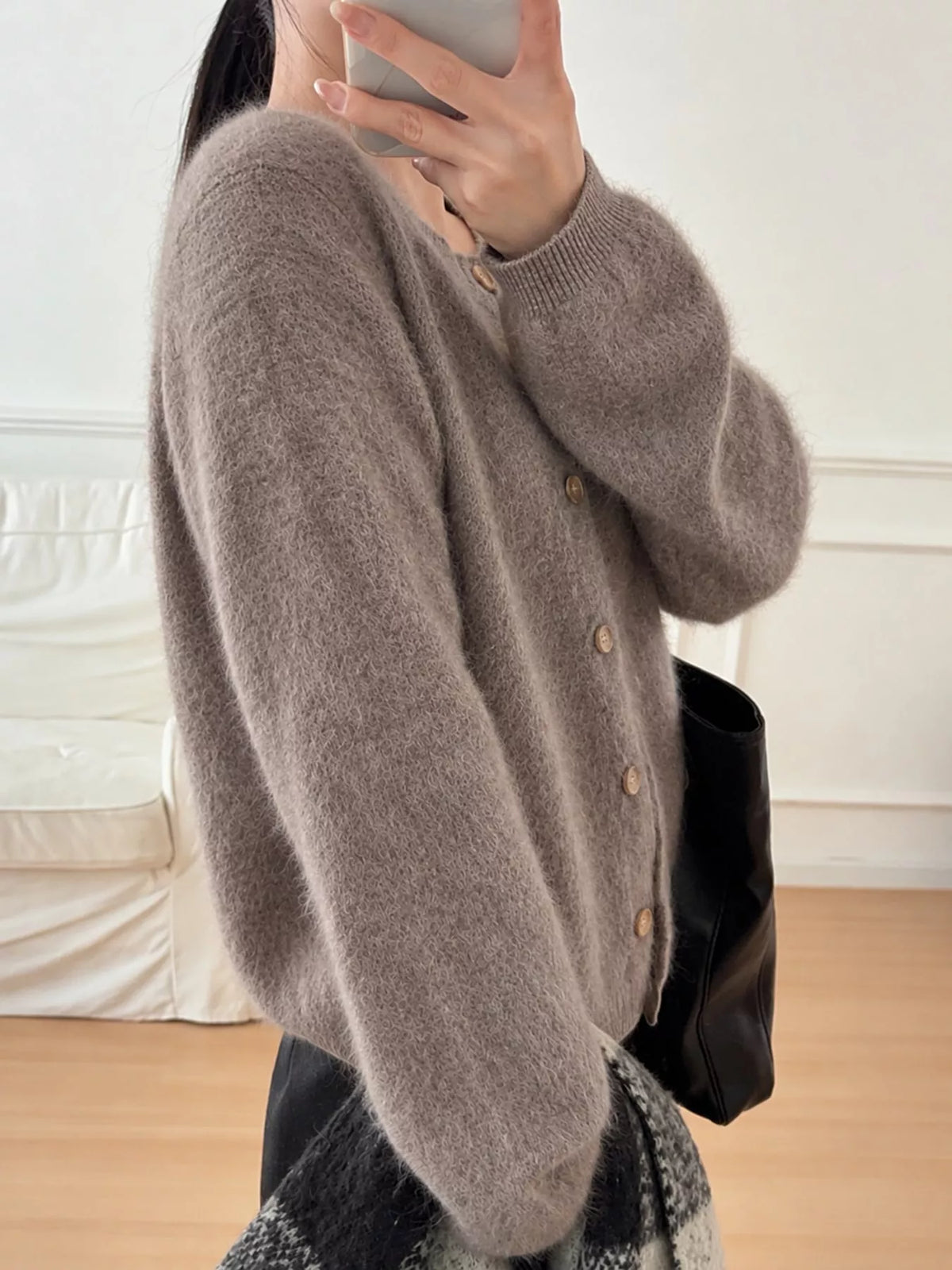 Flora Fuzzy Cropped Button Cardigan in Coffee, on model
