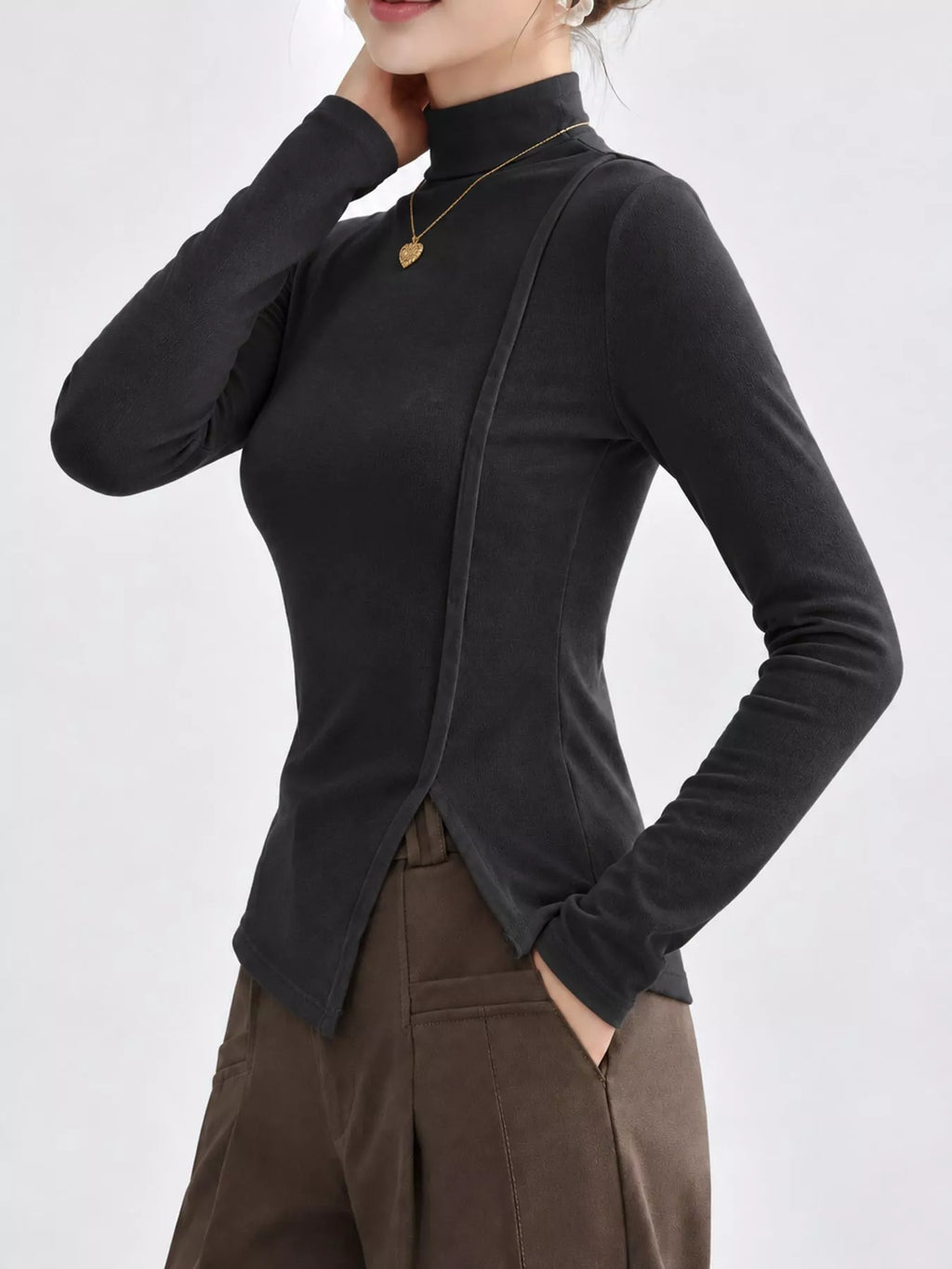 Una Asymmetric Mock-Neck Long-Sleeve Top in Smoke Gray, on model