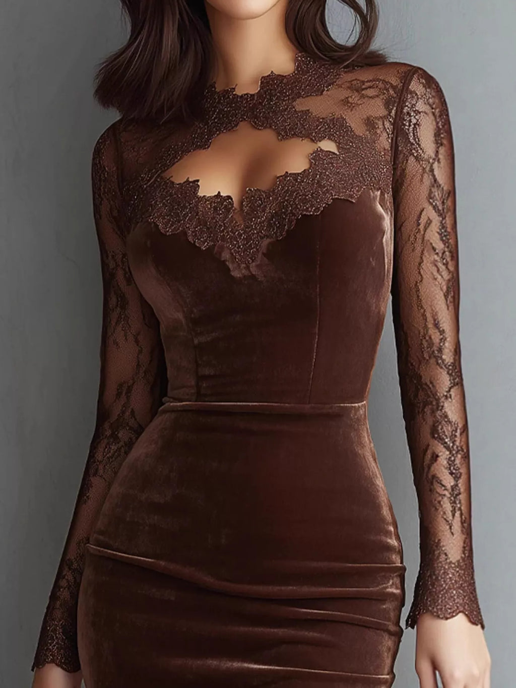 Seraphina Velvet Lace Bodycon Midi Dress in Coffee, on model